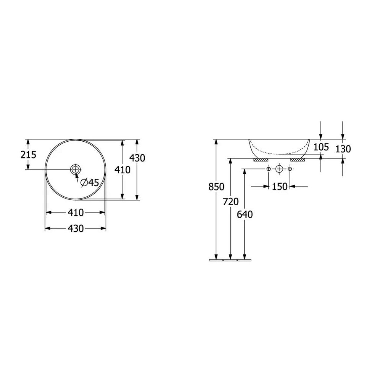 Villeroy & Boch Waschbecken Artis 430 x 430mm Rund ohne Überlauf (1-St), aus hochwertigem TitanCeram