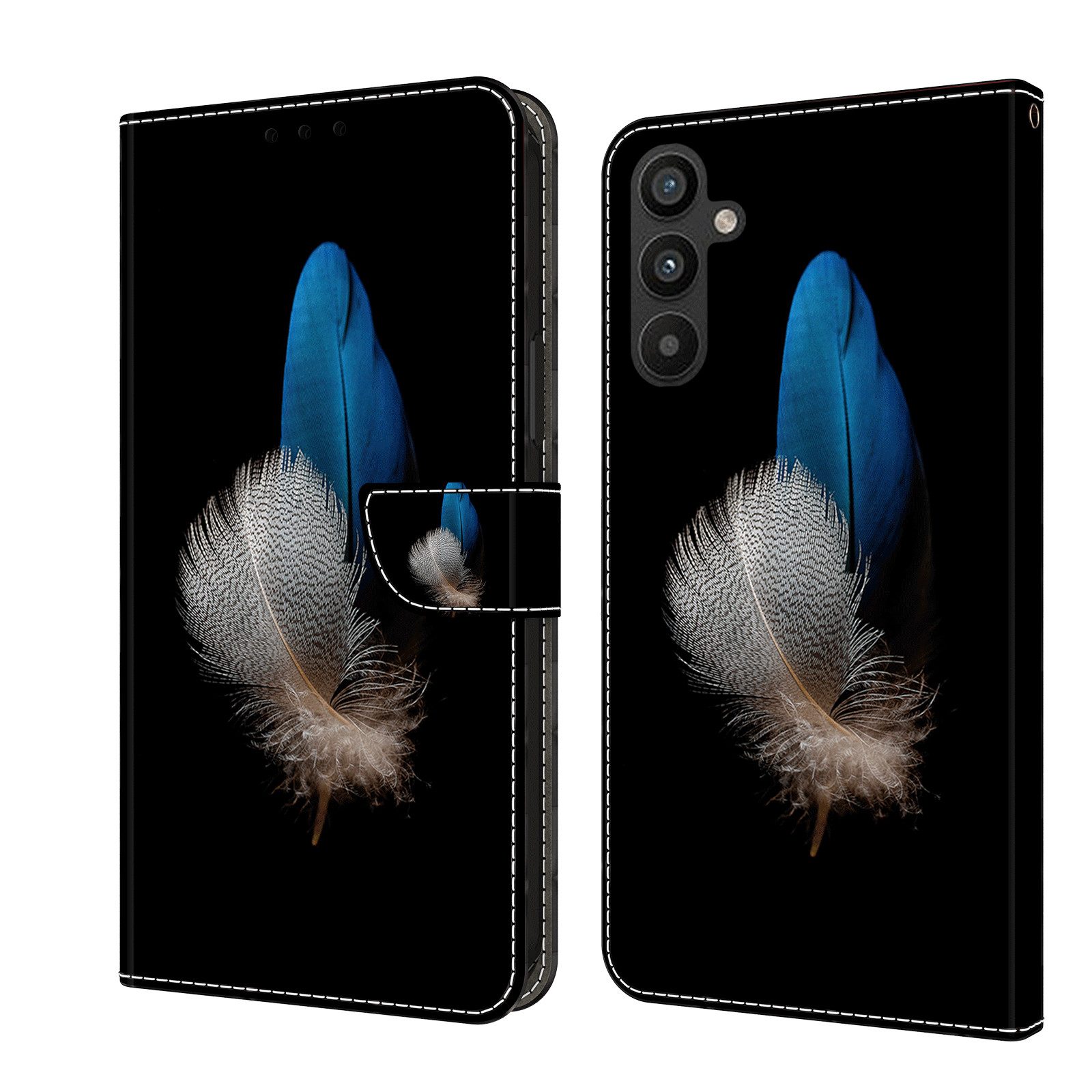 CLM-Tech Handytasche für Samsung Galaxy A16 / A17 5G Hülle aus Kunstleder Klapphülle (zwei Federn blau und weiß, Handyhülle mit Standfunktion - Wallet Flip Case inklusive Kartenfächer), Cover mit Magnetverschluss