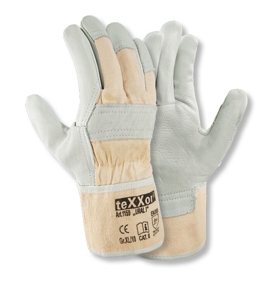 teXXor Lederhandschuhe Rindvollleder-Handschuh URAL I Arbeitshandschuh 1159 (Packung, 12-St., VPE=12-120 Paar, Gr 7-12) Doppelnähte aus Polyester/verstärkt
