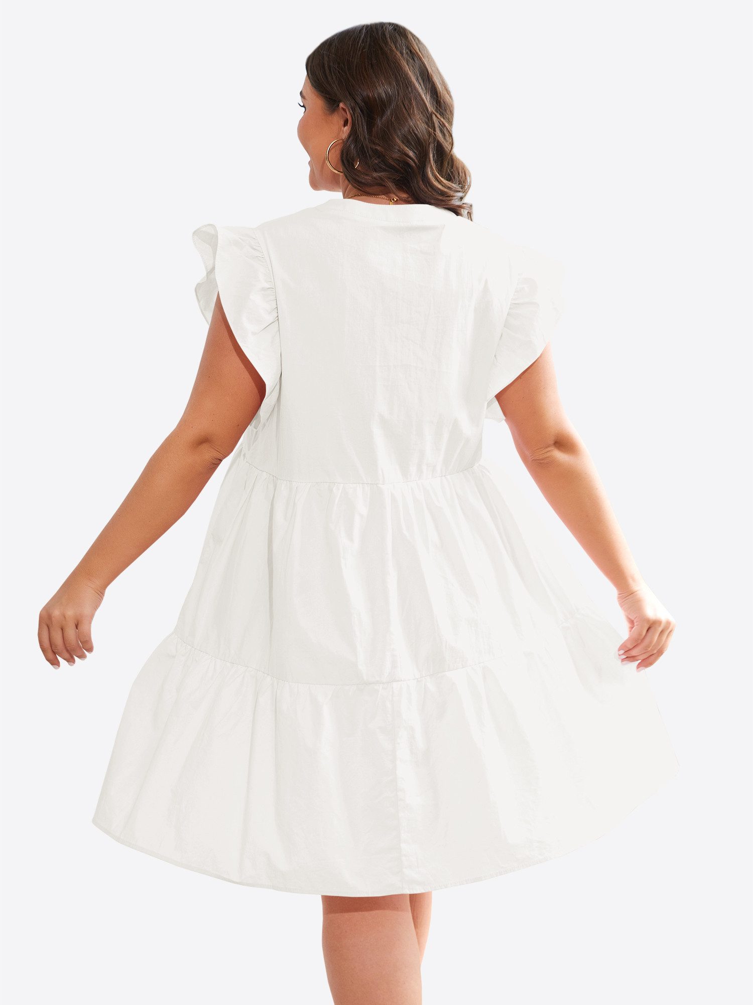 Imily Bela Minikleid Damen Oversize Kurzarm V-Ausschnitt mit Rüschenärmeln A-Linie Sommer (Packung, 1-tlg., 1per-Pack) mit gerüschtem Rock aus Baumwolle in Unifarbe