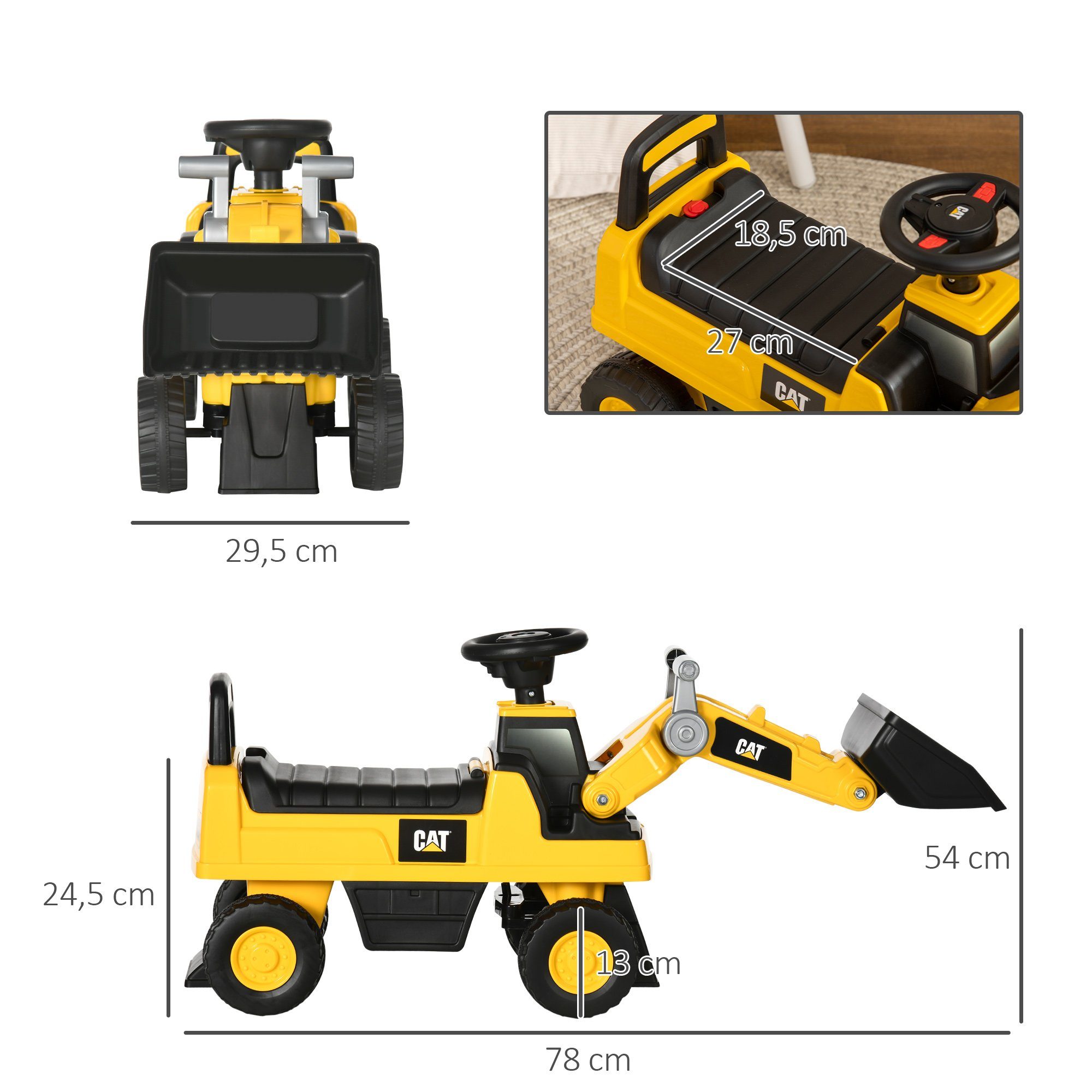 HOMCOM Rutscher Kinderbagger mit beweglicher Schaufel, (Rutscherfahrzeug, 1-tlg., Rutschauto für Kinder), Gelb+Schwarz 78 x 29,5 x 54 cm – Bild 3 von 5