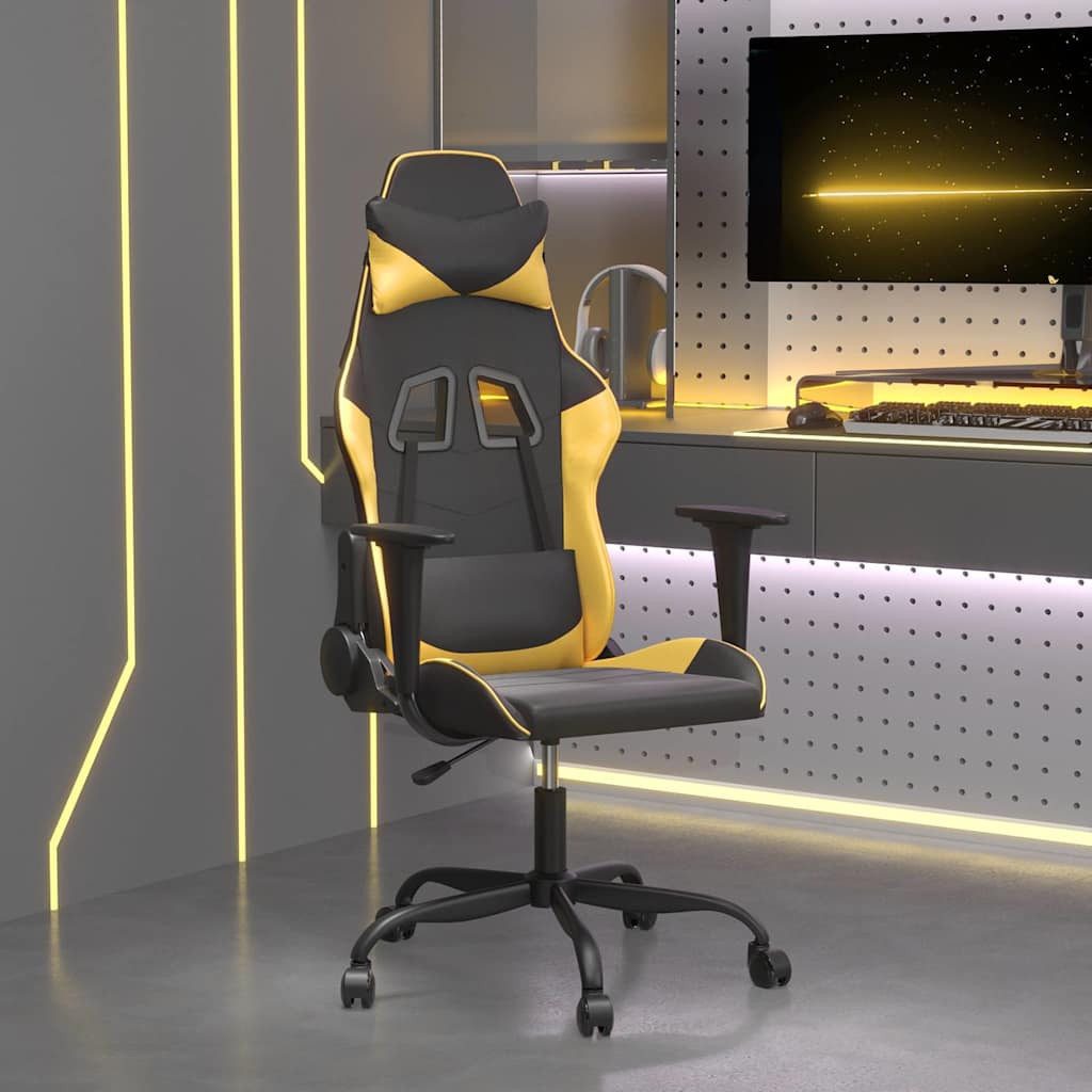 furnicato Gaming-Stuhl Kunstleder Schwarz Gold 66,5x61x(118-127,5) cm (1 St), Bürostuhl mit Massagefunktion, USB-Anschluss und verstellbarer Lehne