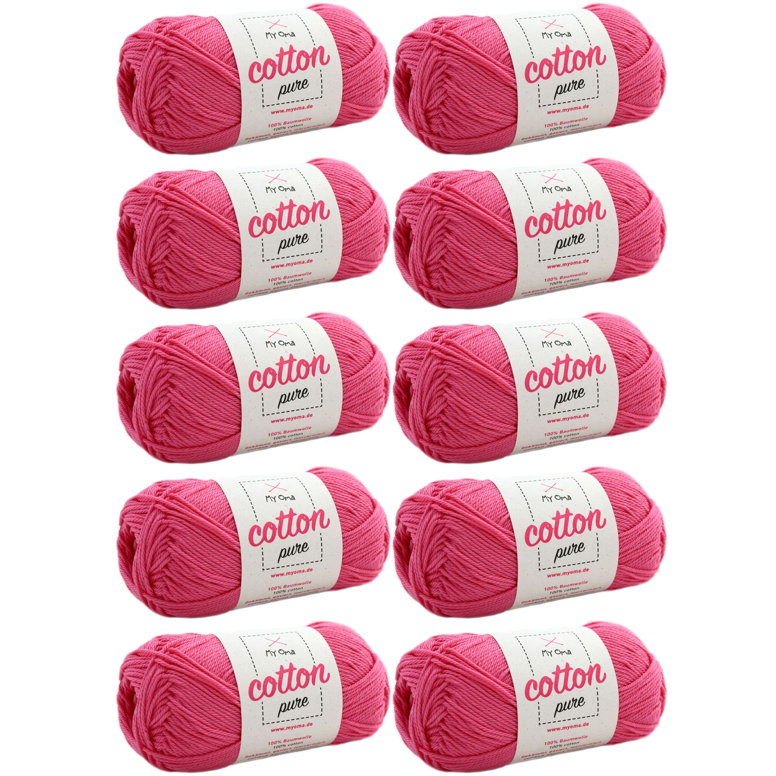 MyOma Baumwolle Cotton pure - Strick- und Häkelwolle, 125,00 m (50g, 10-St., zum Stricken und Häkeln, Wolle zum Handarbeiten, reine Baumwolle), in 32 Farben, 50g, Lauflänge 125m; Nadelstärke: 2,2-3,5mm; 4-fädig