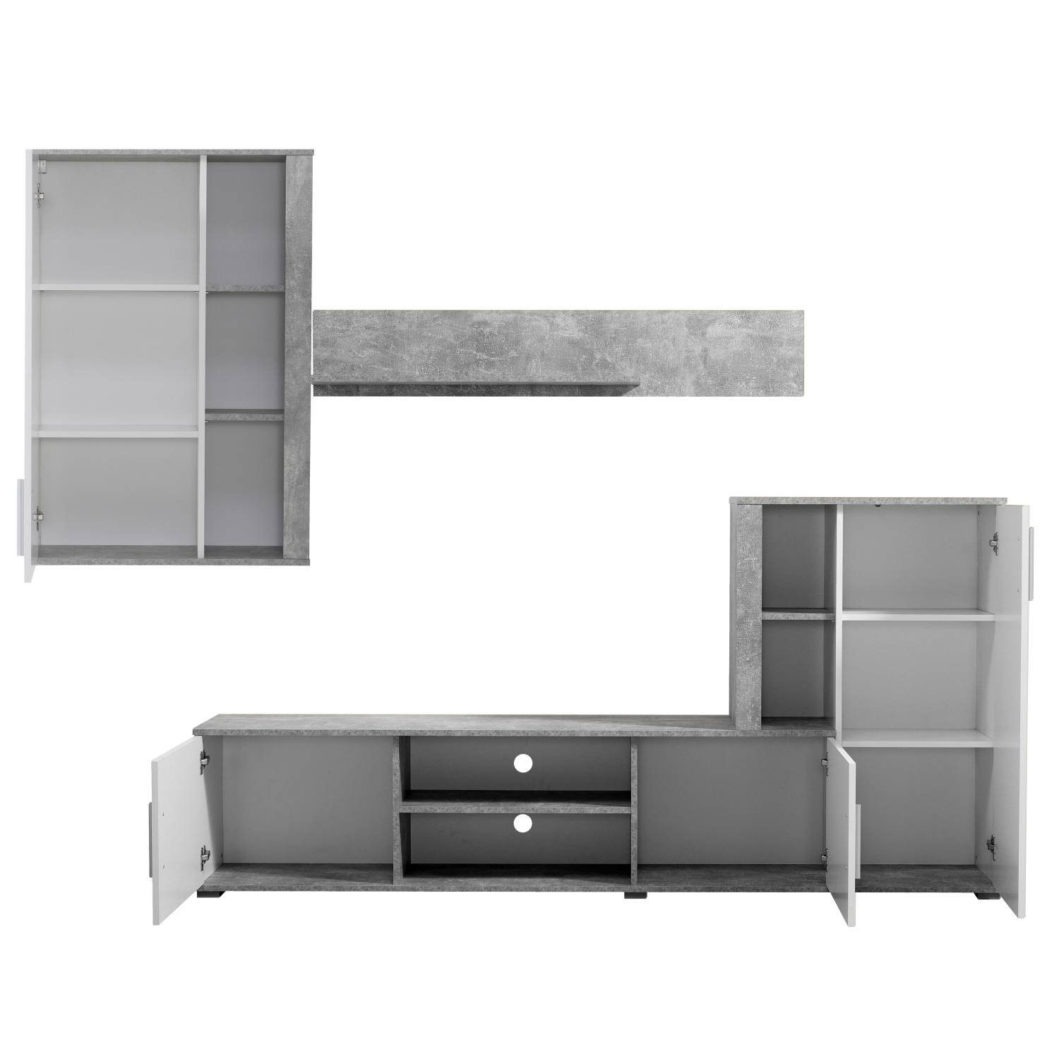 Homestyle4u (3-St) Holz, Anbauwand Weiß Wohnzimmer-Set Schrankwand Wohnwand Beton Modern Optik