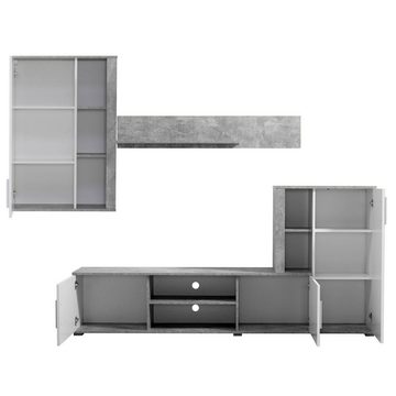 Homestyle4u Wohnwand Schrankwand Anbauwand Wohnzimmer-Set Modern Weiß Beton Optik Holz, (3-St)