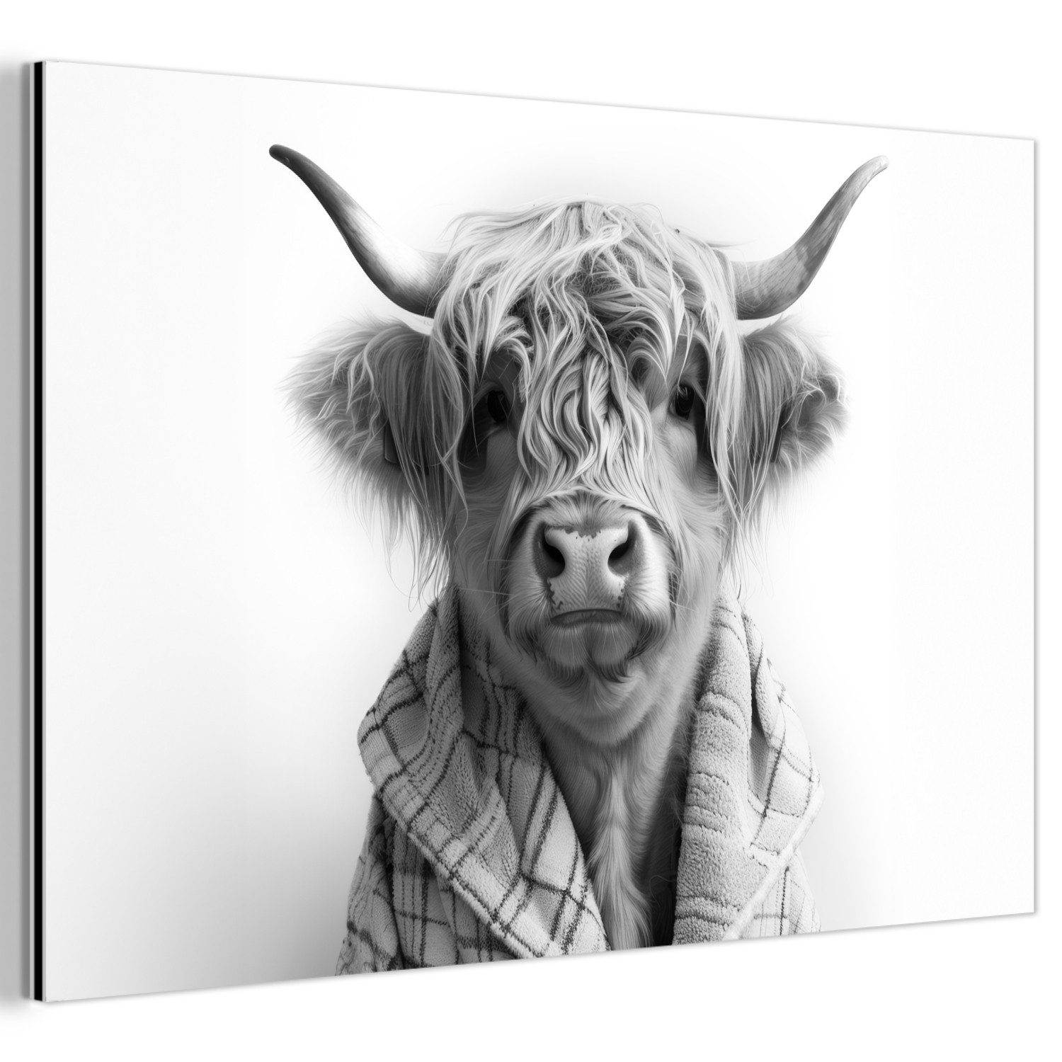 MuchoWow Metallbild Schottischer Highlander - Kuh - Bademantel - Schwarz und weiß, Inkl. Aufhängung, Metallbilder Badezimmer, Toilette Bilder aus Metall, 120x80 cm