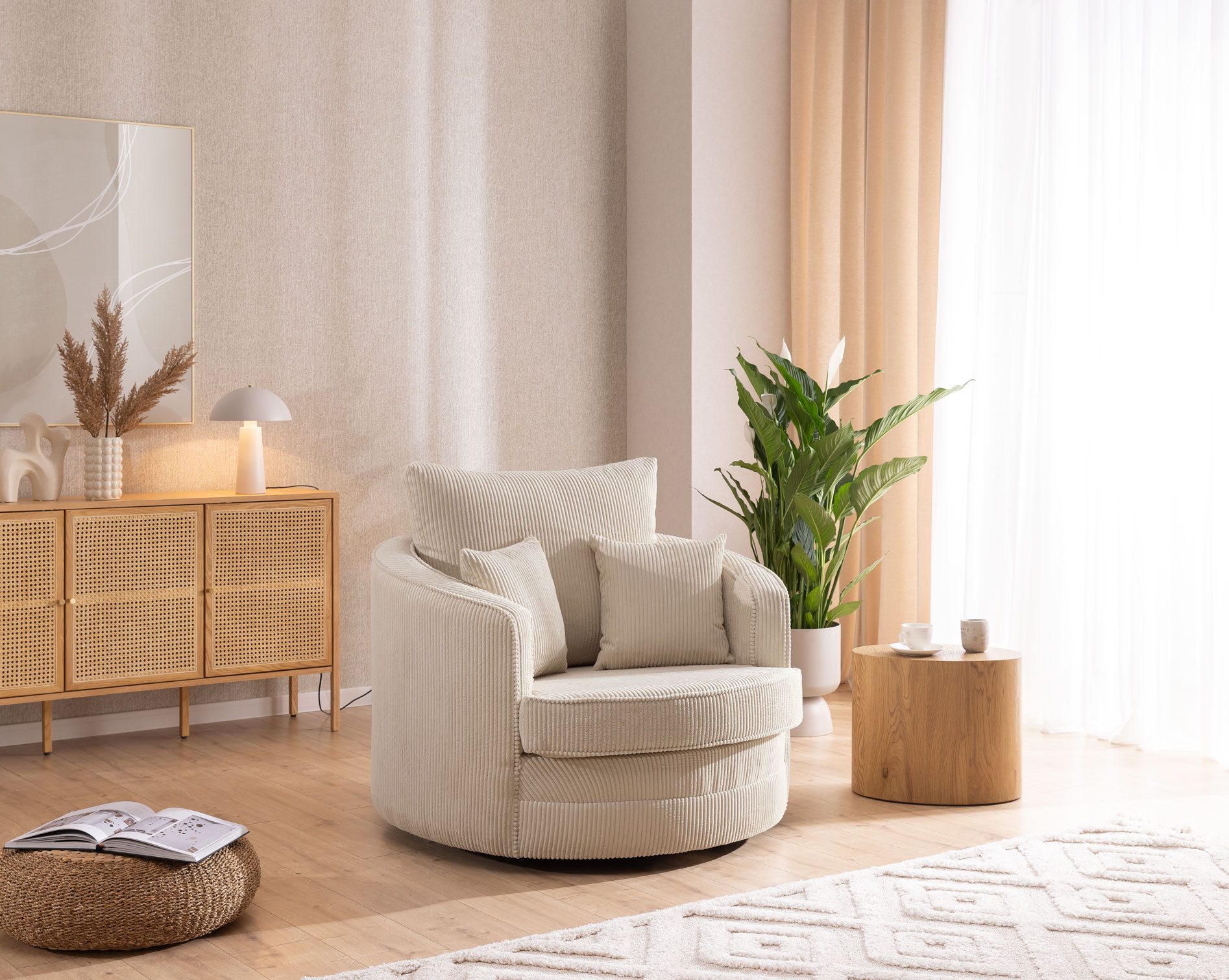 S-Style Möbel Drehsessel Ted Love Seat XXL 360 Grad drehbar aus Cord-Stoff, mit Wellenfederung