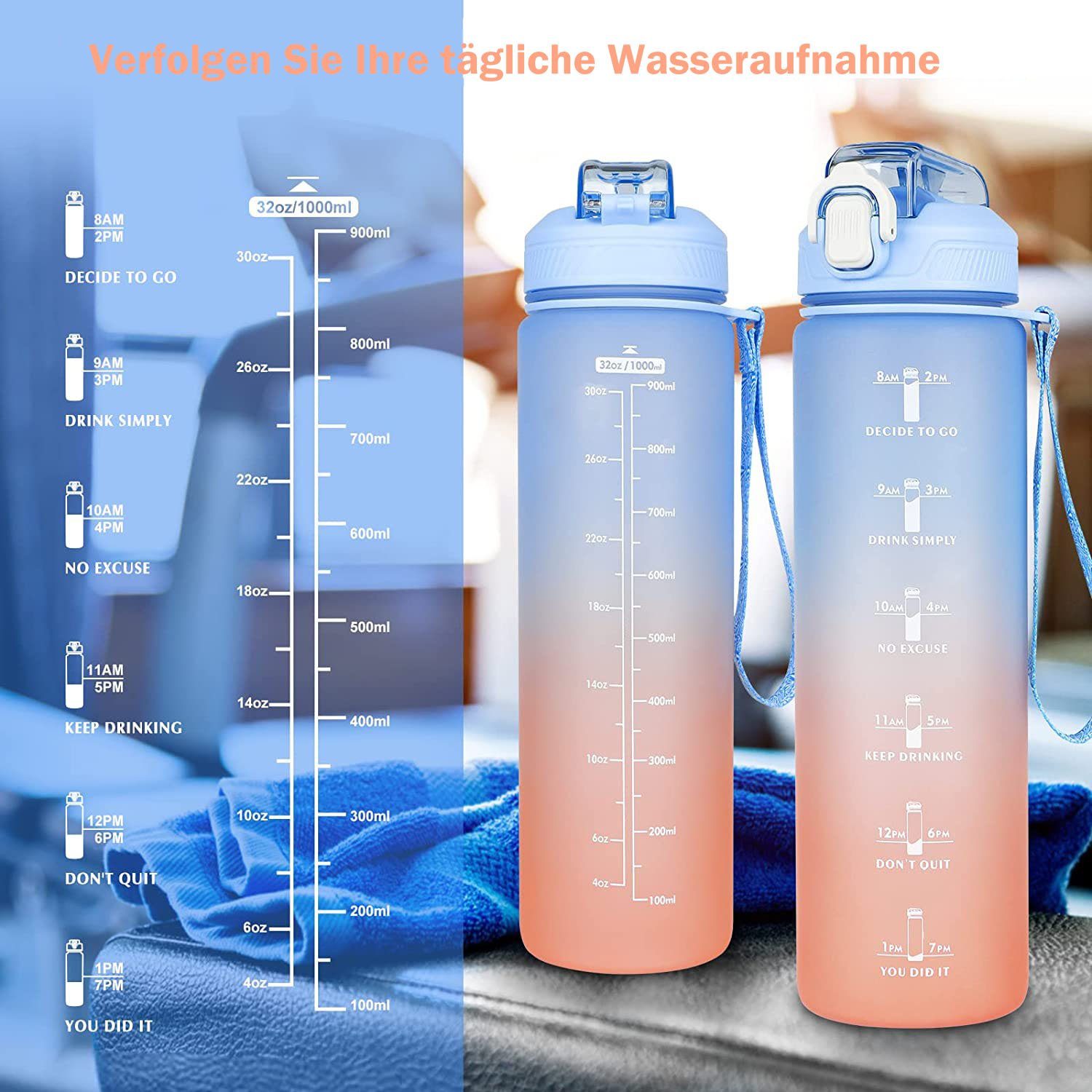 Blue Wasserflasche, Trinkflasche Zeitmarkierung mit Trinkflasche 1L Strohhalm und zggzerg