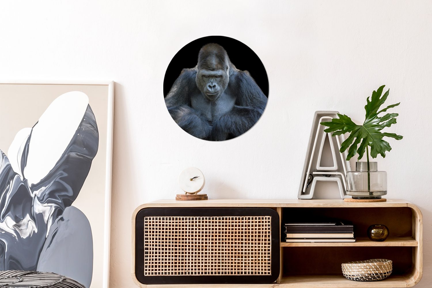 MuchoWow Gemälde Ein Kamera, in (1 cm Rundes Gorilla Wandbild, 30x30 Wanddekoration eindrucksvoll die St), Kreis schaut Forex, Wohnzimmer