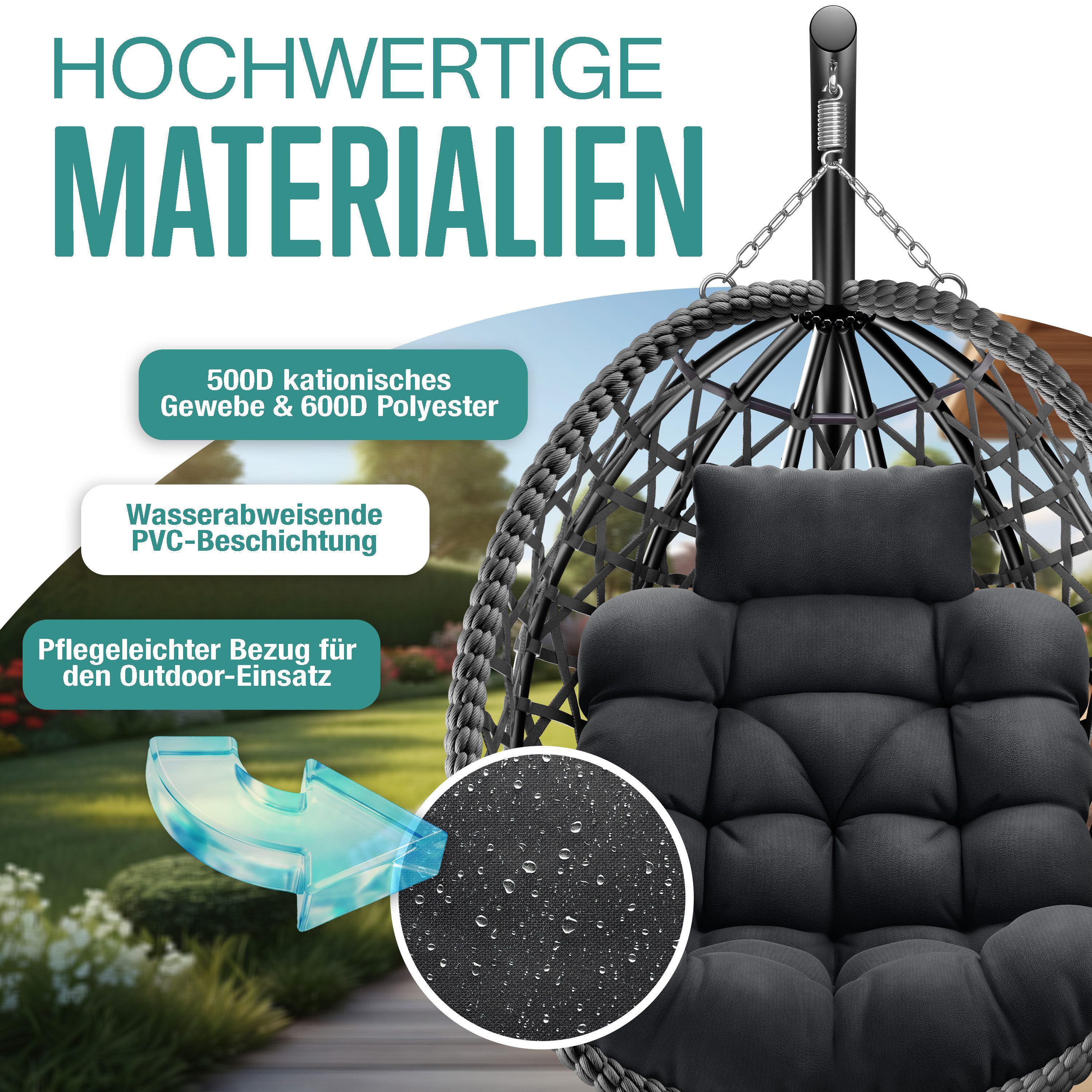 KESSER Hängesessel Hängestuhl mit Gestell, Polsterkissen, 2in1 Deckenhalterung & Cover, Indoor & Outdoor Schaukelstuhl bis 150kg belastbar