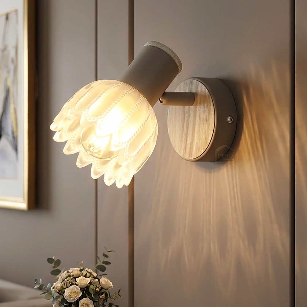 GLOBO LIGHTING Wandleuchte, Leuchtmittel nicht inklusive, Wandleuchte Metall Glas sandfarben matt Schwenkbar Holzoptik H 12 cm