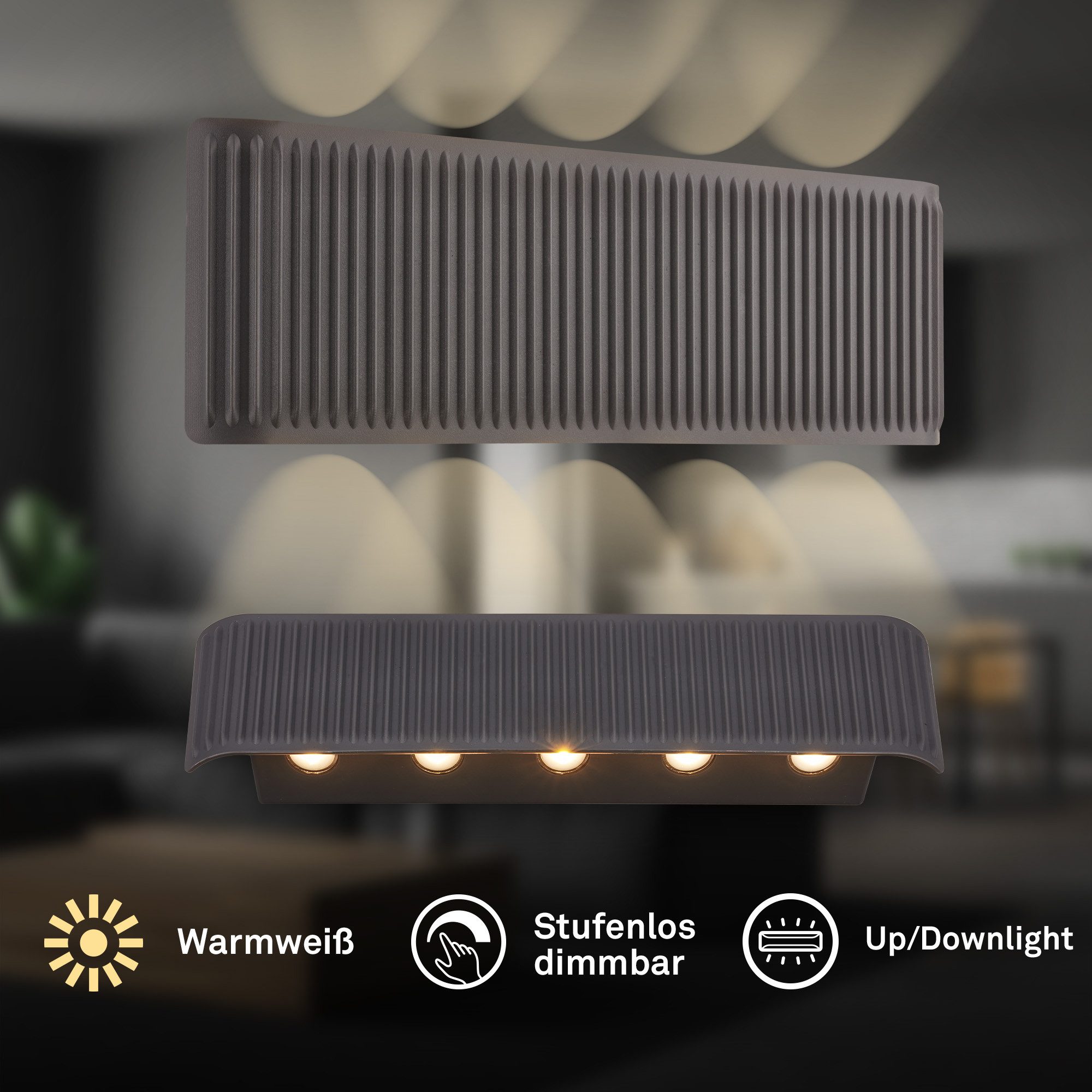 Briloner Leuchten LED Wandleuchte Wandlampe Akku USB-C Touch Dimmbar Up-/Downstrahler Linsenoptik, LED fest integriert, 2700K, 17,5/28,5x9x4,5 cm, Wohnzimmer, Flur, Schlafzimmer