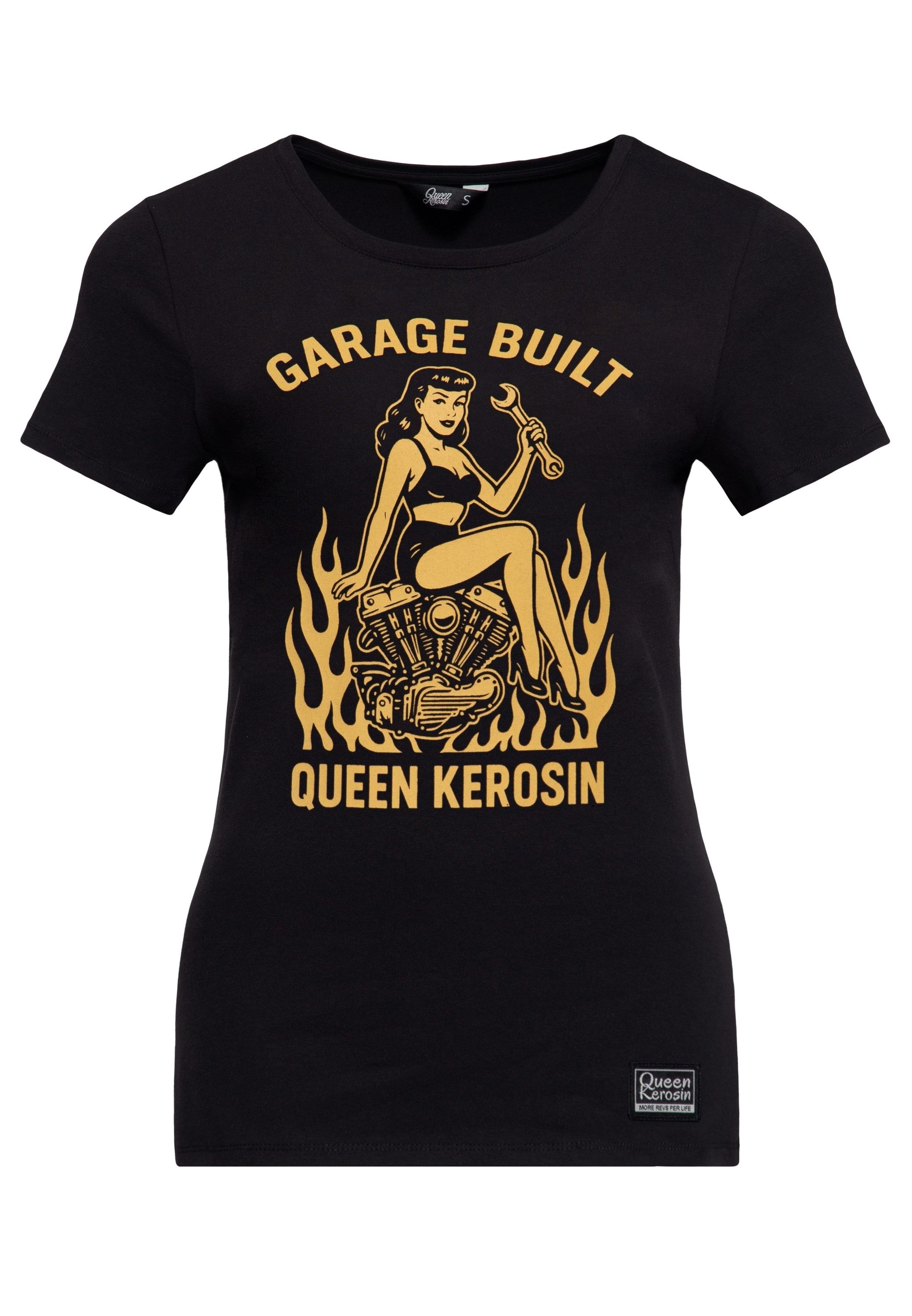 QueenKerosin Print-Shirt Garage Built Einfarbiger Frontprint mit Pin-up auf V2-Motor und Flammen
