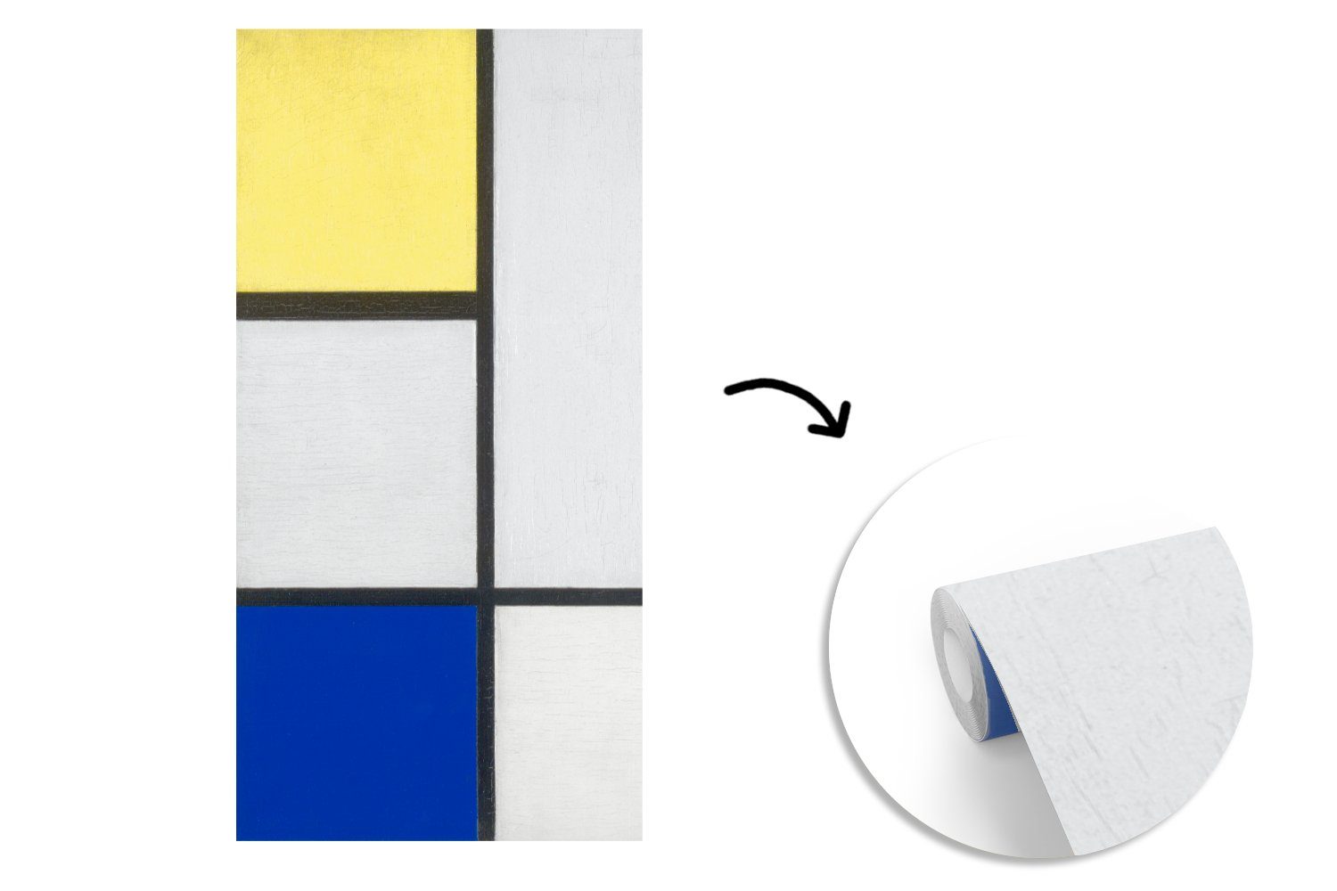 Mondrian, Vliestapete Piet bedruckt, mit Wohnzimmer Komposition Fototapete (2 Matt, - Schlafzimmer St), Küche, für und Blau Fototapete MuchoWow Gelb, Schwarz