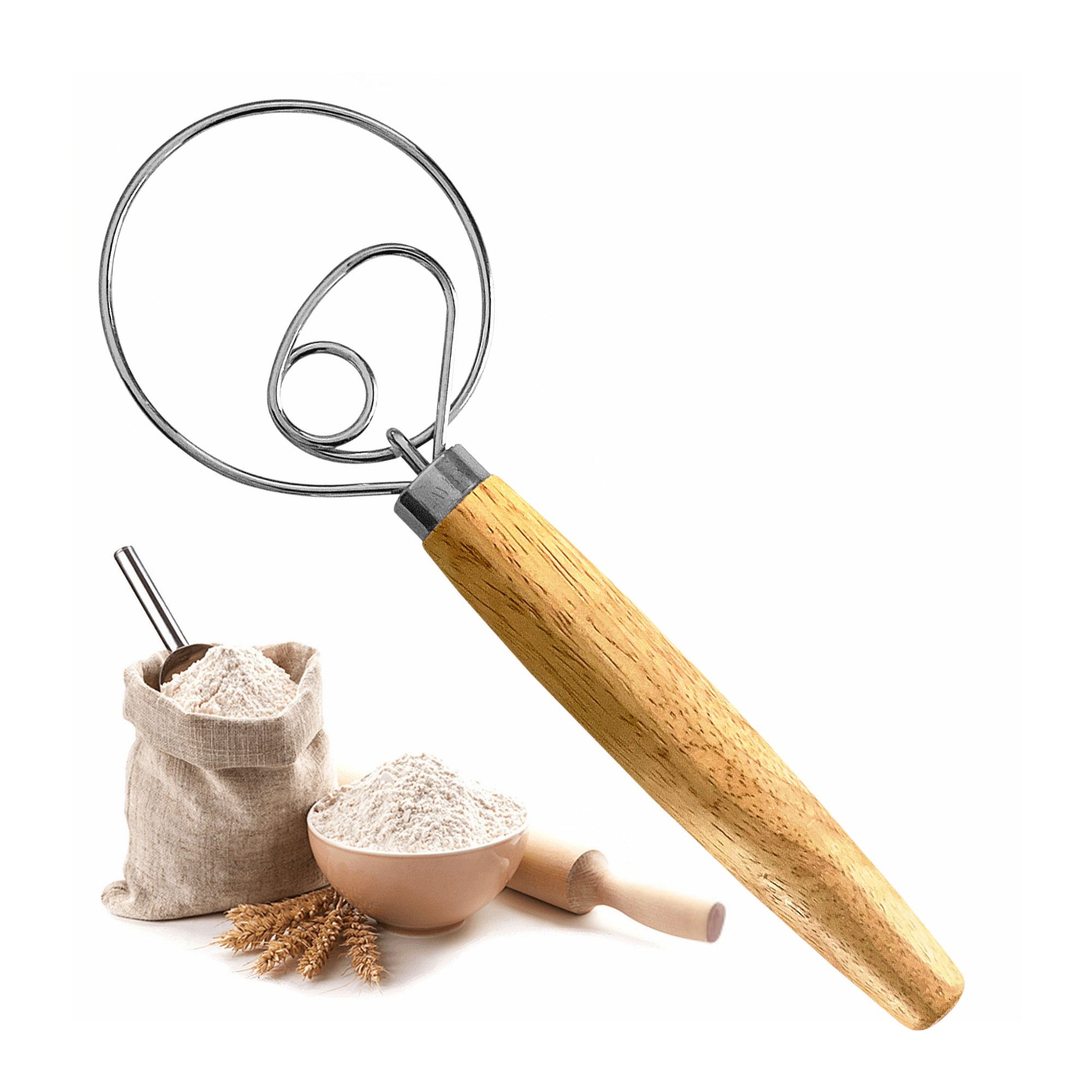 Layba Schneebesen Dänischer Teigbesen mit Holzgriff für Brot Kuchen Pizzateig Mischen, Effizientes Mischen von Teig ohne Klumpenbildung