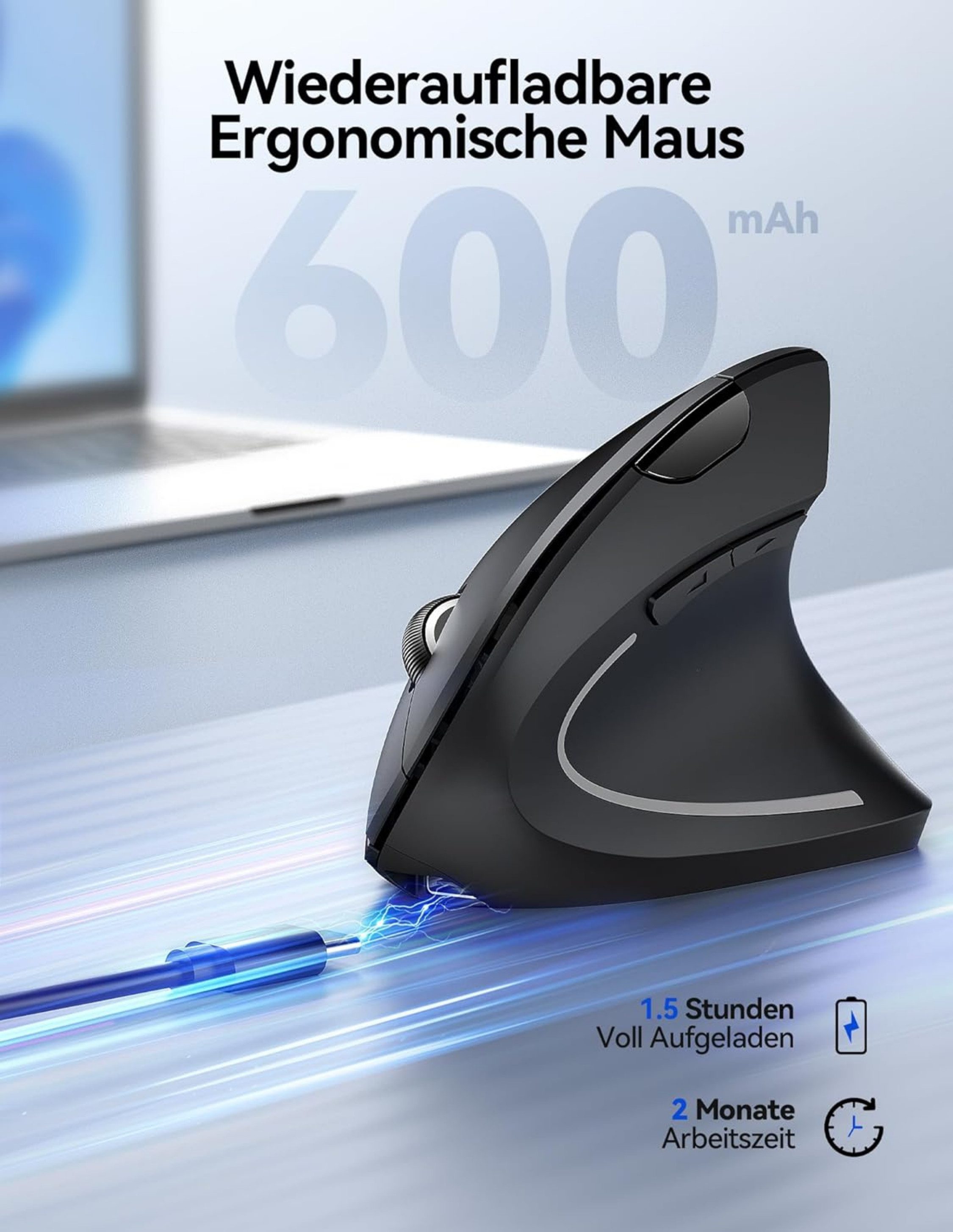RUHE Ergonomische Maus Kabellose Bluetooth Vertikale Maus Optisch Leise RGB ergonomische Maus (Bluetooth, Funk, kabelgebunden, 2.5G, USB-Dongel, Kabelgebundenes Aufladen, Drahtlos, Optische Maus, Büro, 2400 dpi, Einstellbar DPI Schwarz Weiß Grau 6 Tasten für Laptop/PC/Mac/Computer)