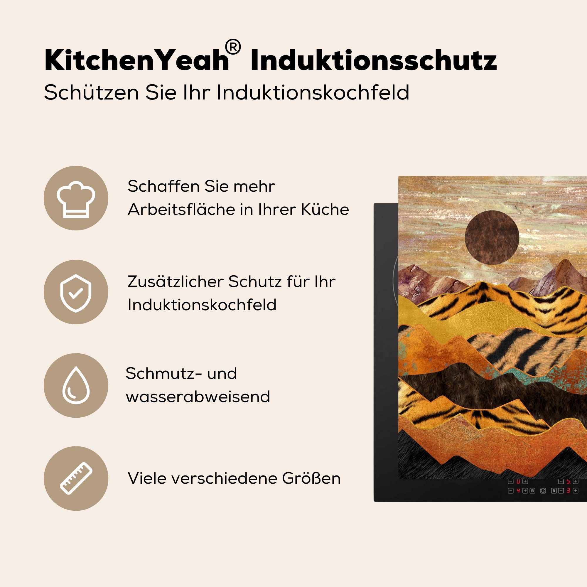 MuchoWow Herdblende-/Abdeckplatte Tigerdruck tlg), küche für Arbeitsplatte - Marmor, Ceranfeldabdeckung, - (1 Gold Vinyl, cm, 78x78
