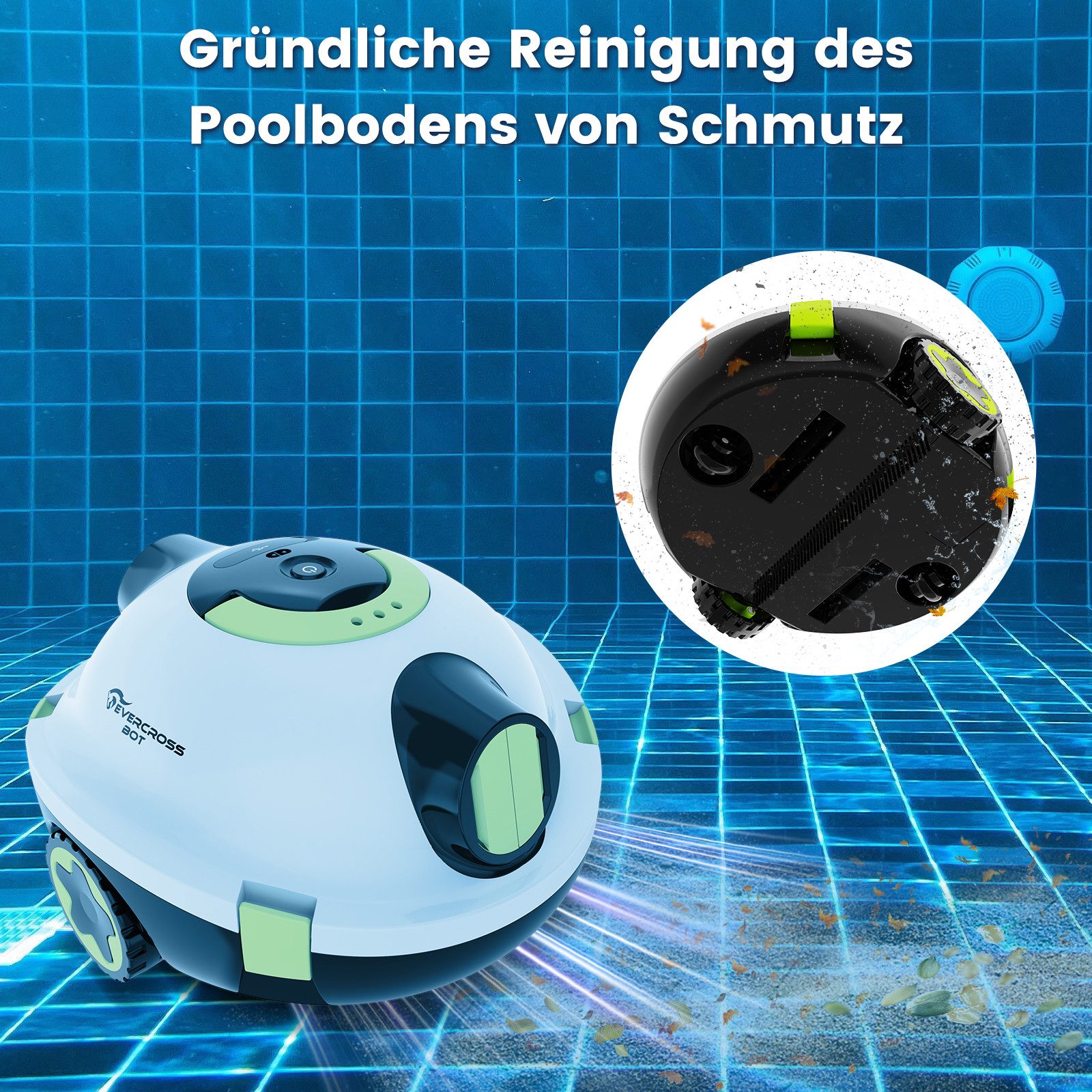 EVERCROSS BOT Poolroboter Y10 Kabelloser Poolroboter Akku, 100Min Akkulaufzeit, Bis zu 120m², Doppelmotorantrieb, Selbsteinparkfunktion, 180μm Filter, IPX8