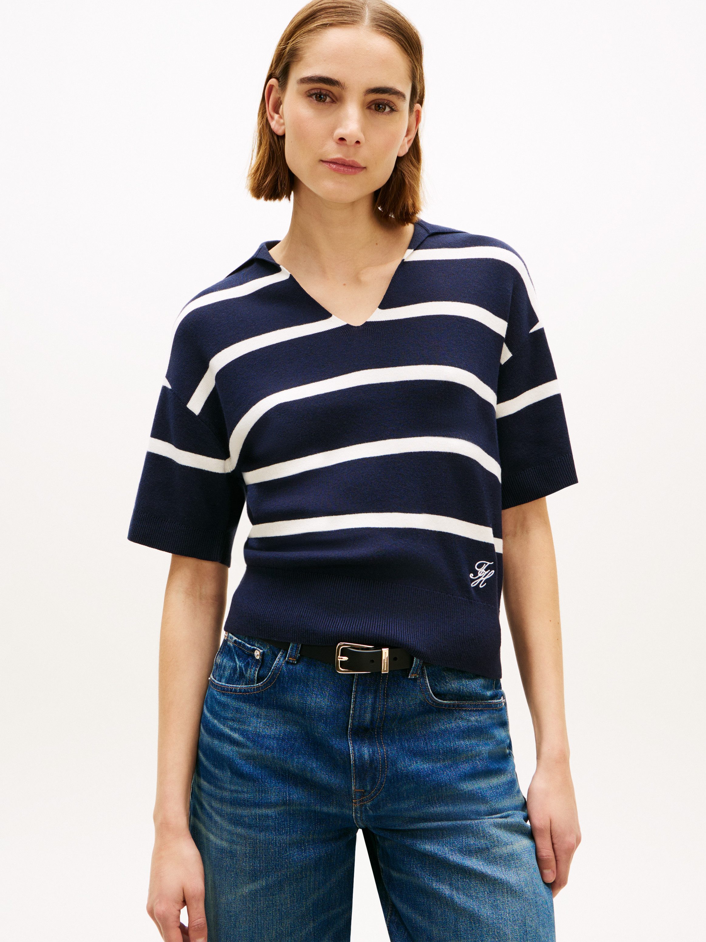 Tommy Hilfiger Strickpullover CO FULL NEEDLE POLO SS SWT mit V-Ausschnitt