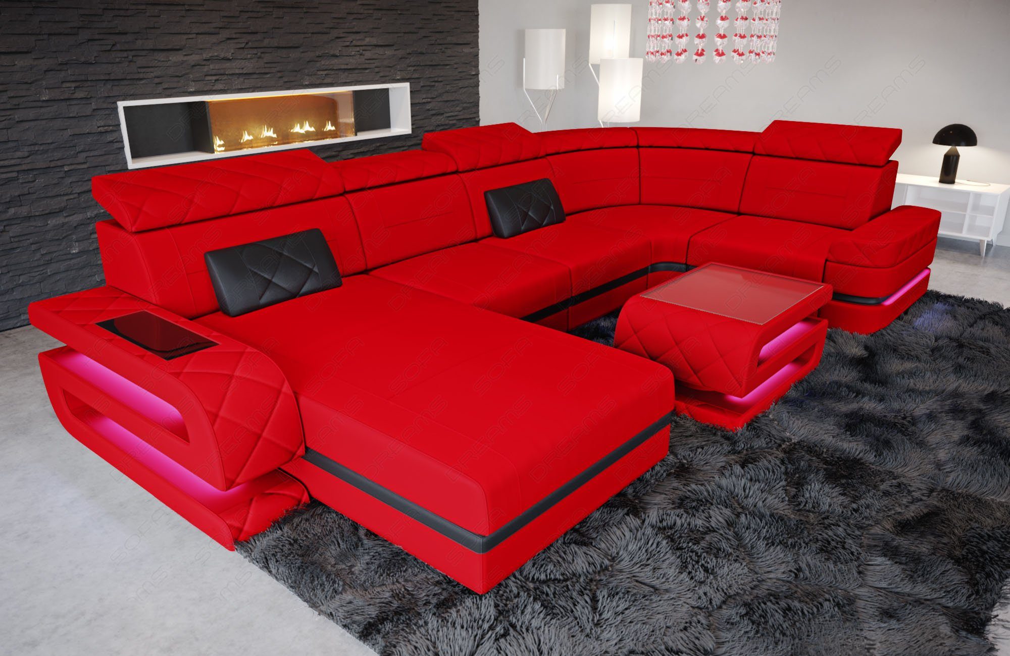 Sofa Dreams Wohnlandschaft Polster Sofa Couch Stoff Bologna U Form Stoffsofa, Mikrofaser, mit LED, ausziehbare Bettfunktion, USB-Anschluss, Designersofa