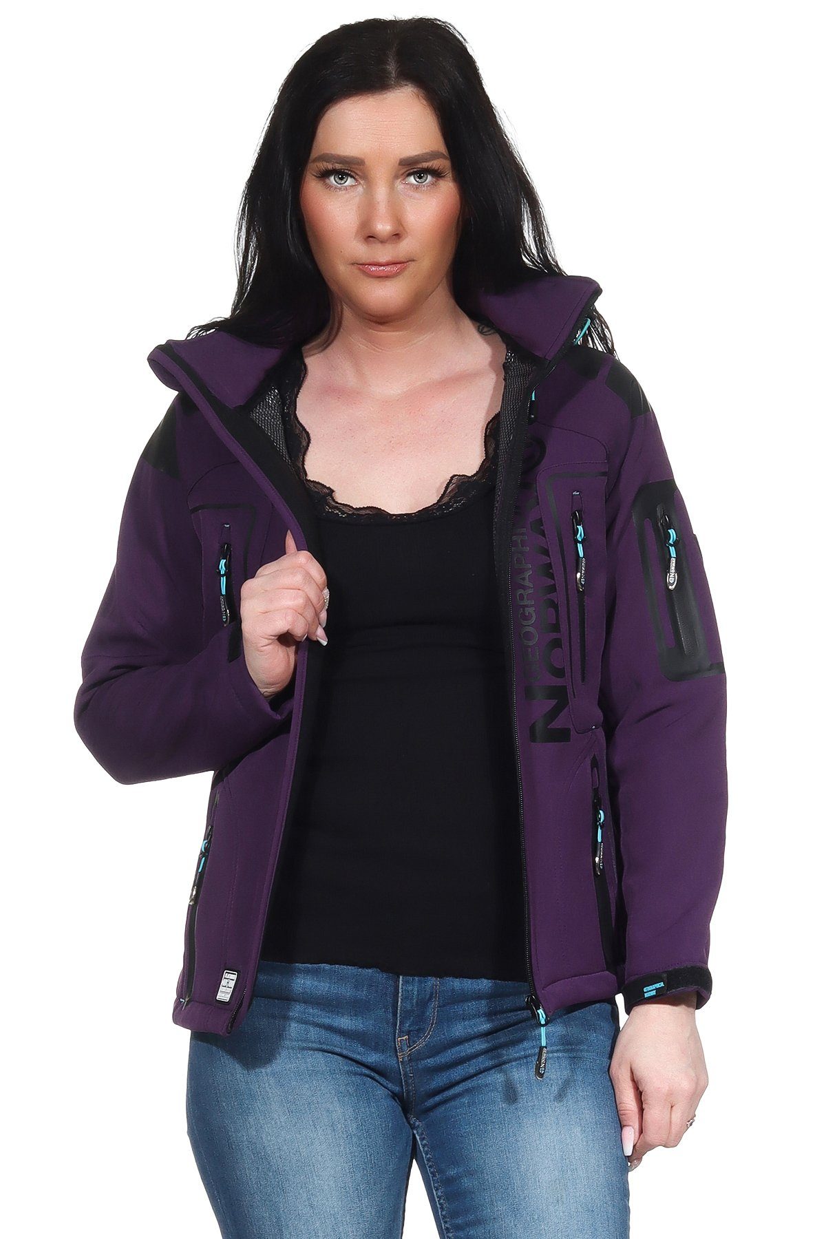 Geographical Norway Softshelljacke Geographical Norway Damen Softshell Outdoor Wander Sport Jacke in Unifarbe, mit abnehmbarer Kapuze, mit Stehkragen