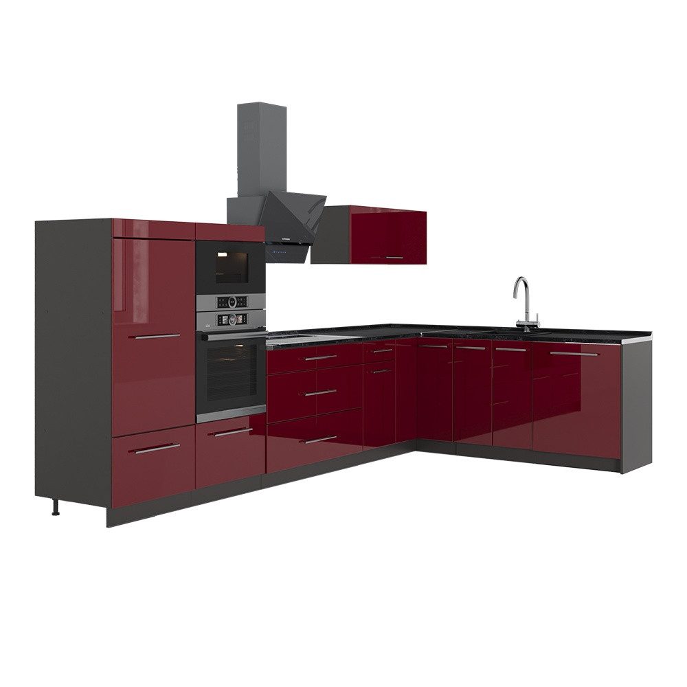 Vicco Winkelküche Fame-Line, Bordeaux Hochglanz/Anthrazit, 347 x 207 cm, AP Anthrazit