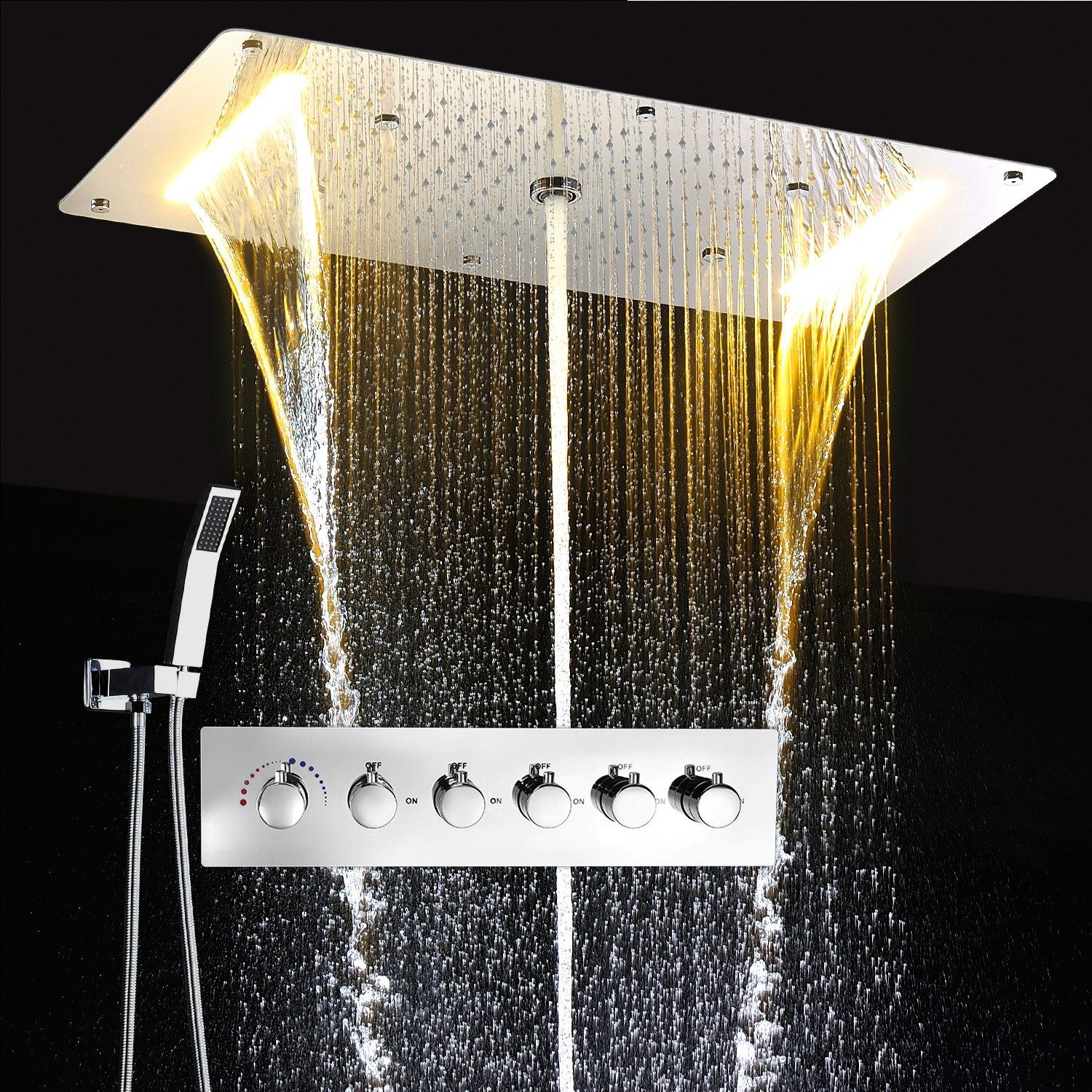Oihpaw Duschsystem mit thermostat Multifunktionales Regendusche, 1 tlg., mit Regenmodus, Hydrotherapie Strahl, Handbrause, 380x700mm