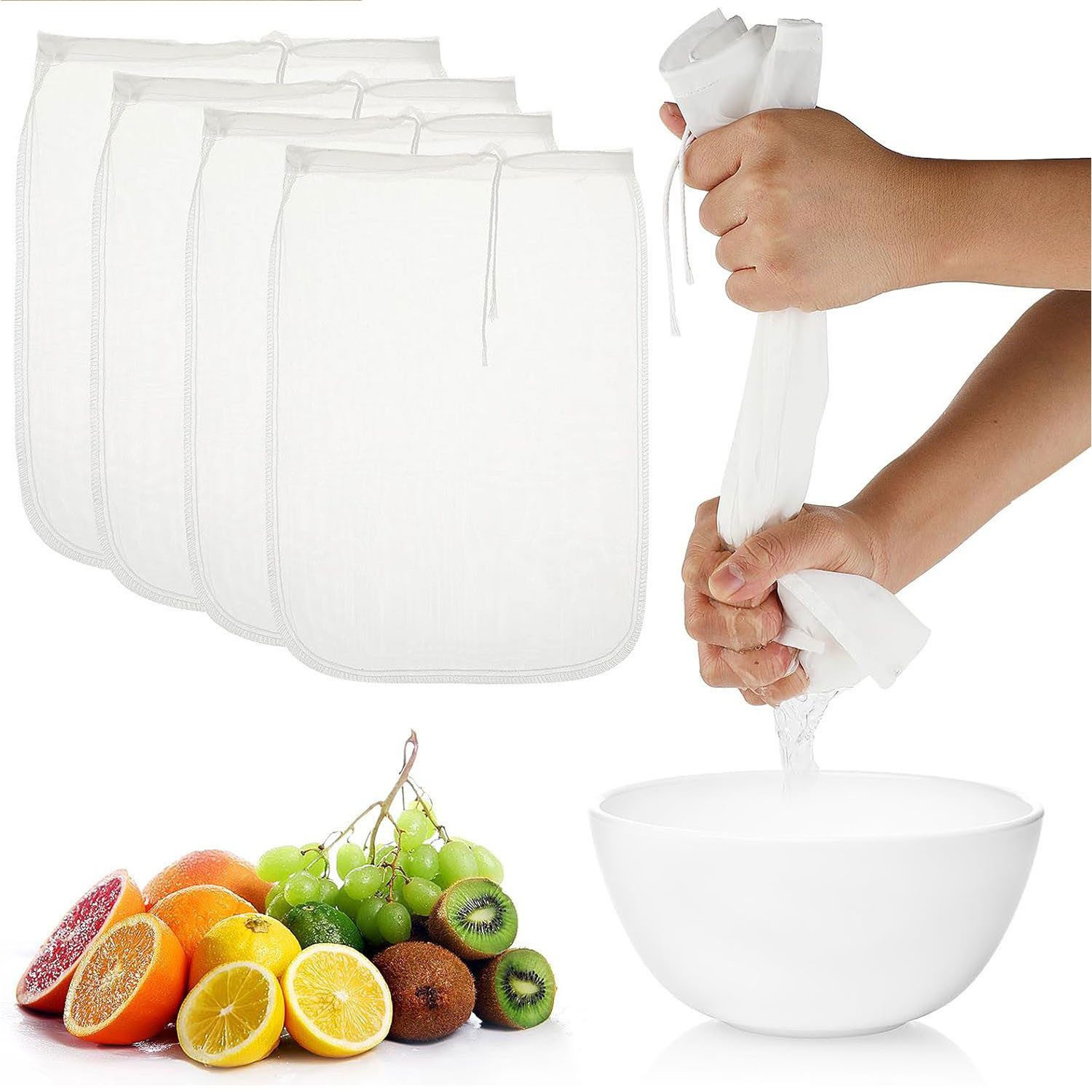 Refttenw Passiersieb Nussmilchbeutel Nylon Feinmaschiges Passiertuch mit Kordelzug, (Set), 4-St