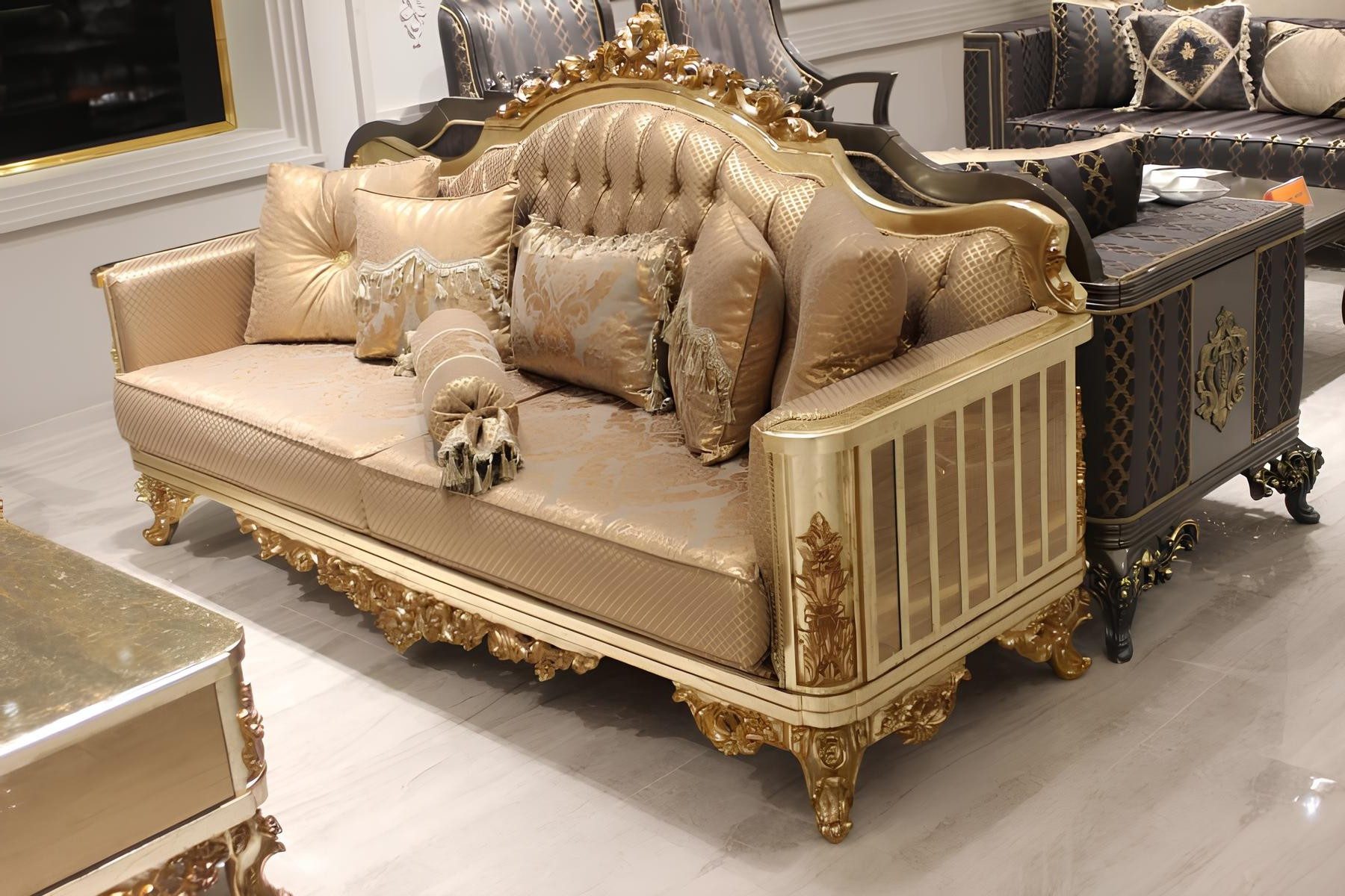 Xlmoebel 3-Sitzer Luxus Chesterfield Sofa aus Textil im goldenen Design, 1 Teile, Made in Europa