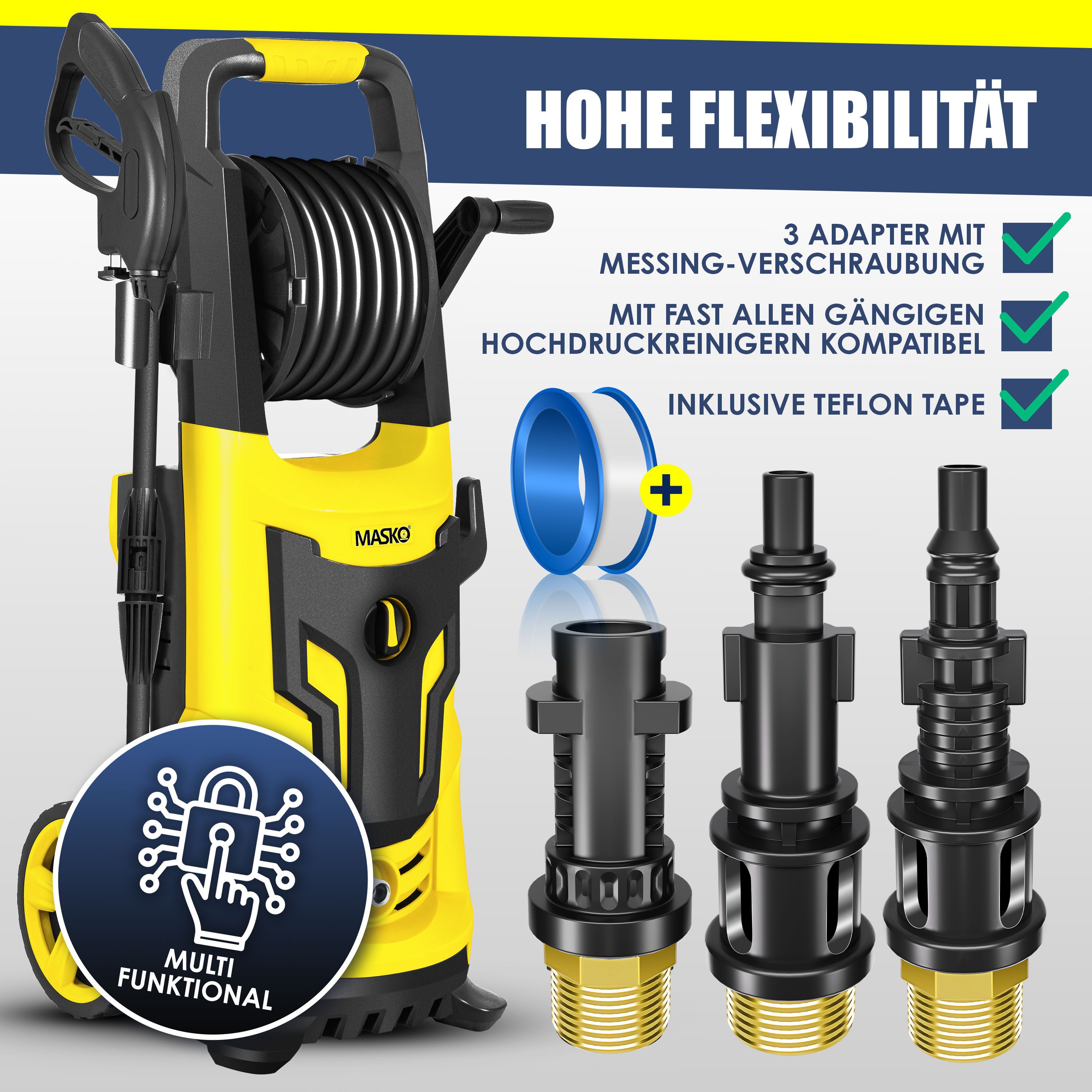 MASKO Hochdruckschlauch Premium Rohrreinigungsschlauch-Set, Rohrreinigungsschlauch mit 3 Adapter und 2 Düsen