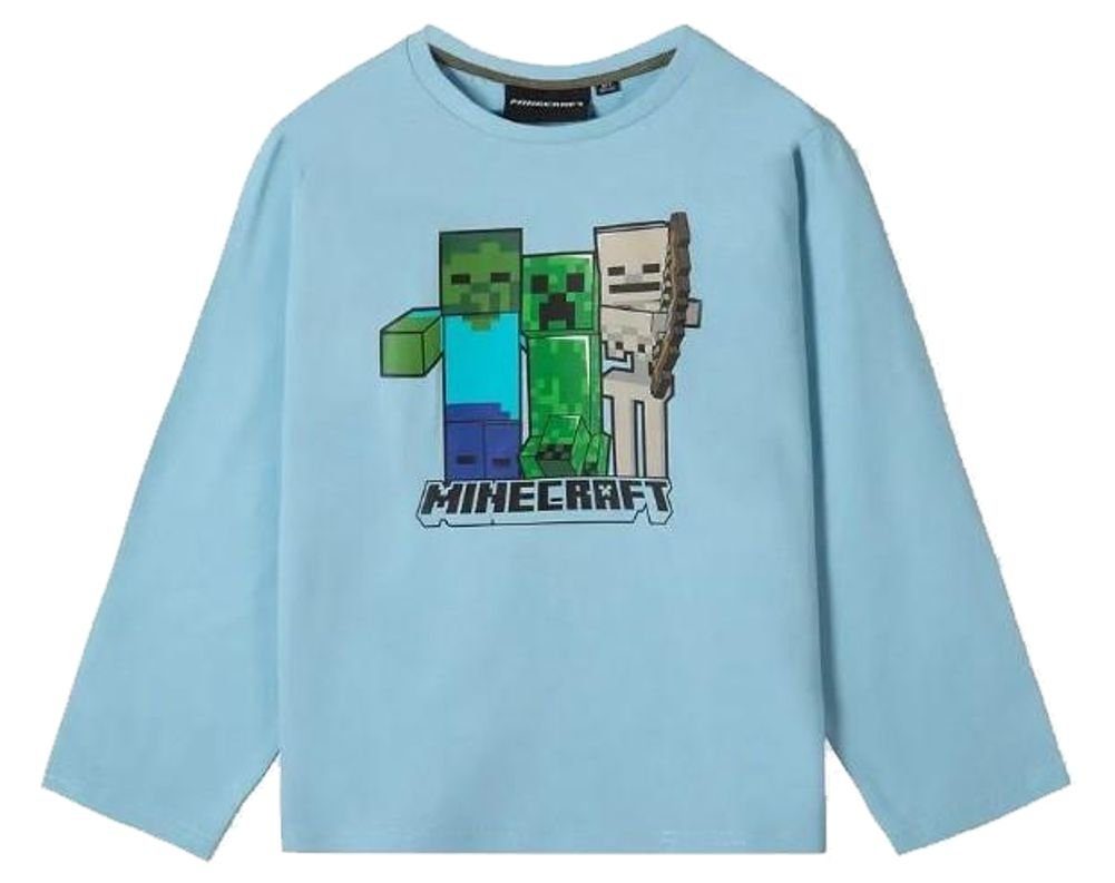 Minecraft Langarmshirt MINECRAFT Langarm T-Shirt Kinder Sweater Sweatshirt Пуловери Jungen + Mädchen Sky + Gray Gr. 116 128 134 140 152 für 6 7 8 9 10 12 Jahre