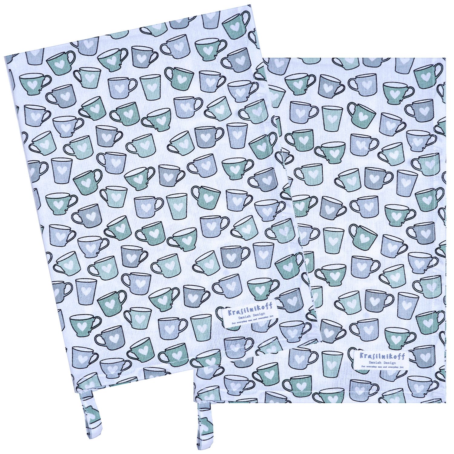 Krasilnikoff Geschirrtuch Mugs, (2-tlg., 2-teilig), Geschirrtücher ca.50x70cm Baumwolle