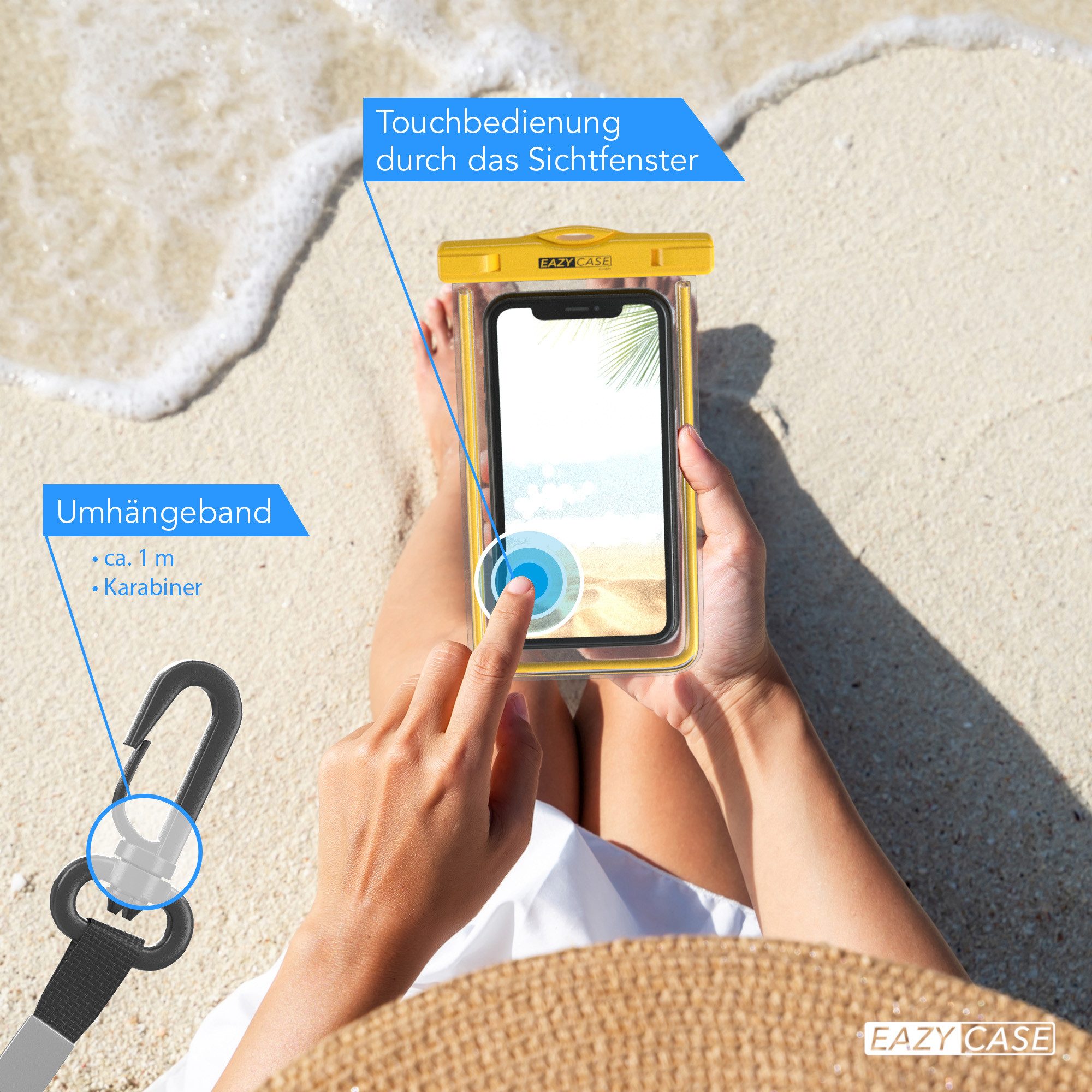 EAZY CASE Handyhülle Universale Unterwasser-Tasche für viele Modelle 3,5 - 6,7 Zoll, wasserdichte Handytasche Unterwasser Fotos Tauchen Schutz Gelb Dunkel