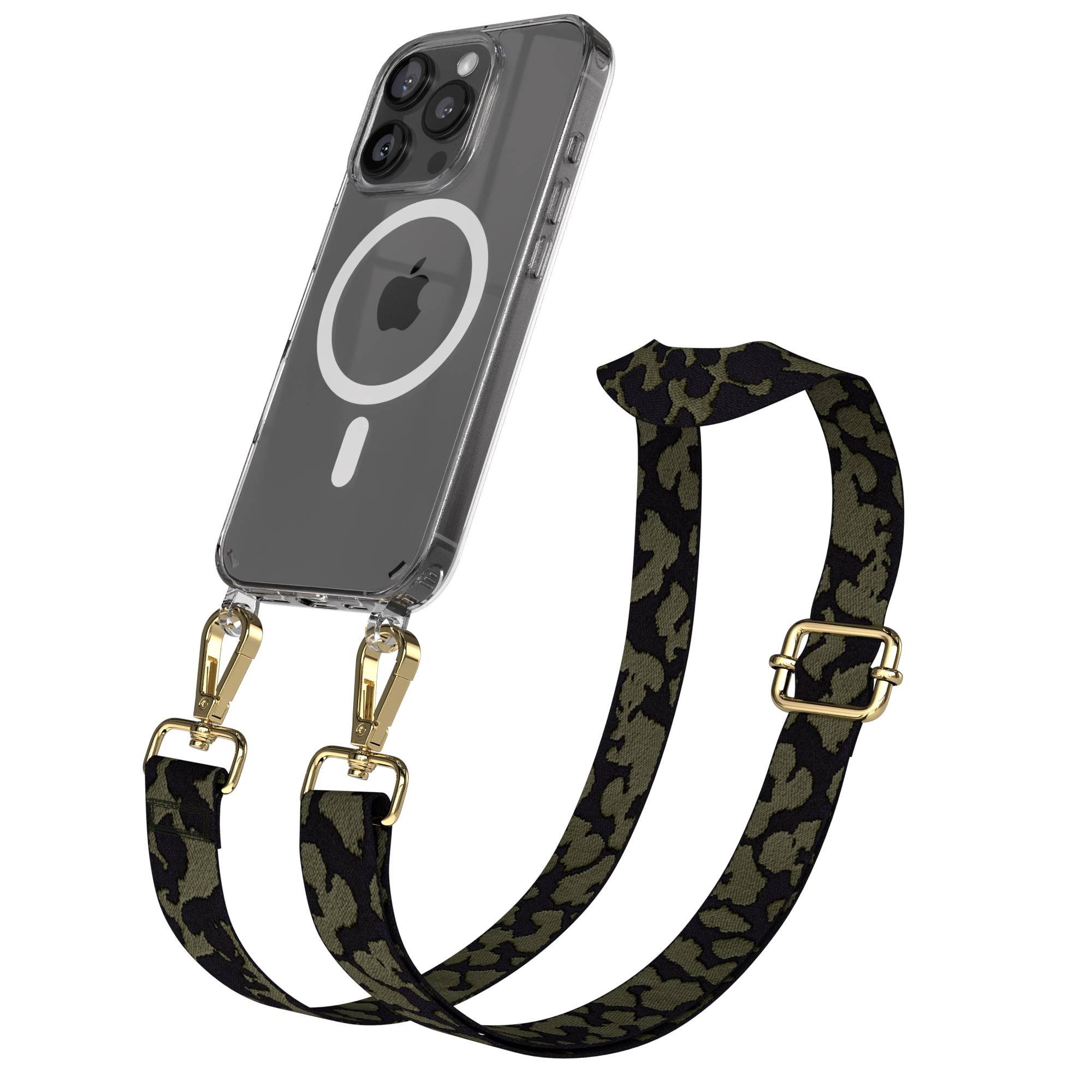 EAZY CASE Handykette Umhängeband MagSafe Hülle für Apple iPhone 16 Pro 6,3 Zoll, MagSafe Camouflage Handykette Hülle mit verstellbarem Band Dunkelgrün