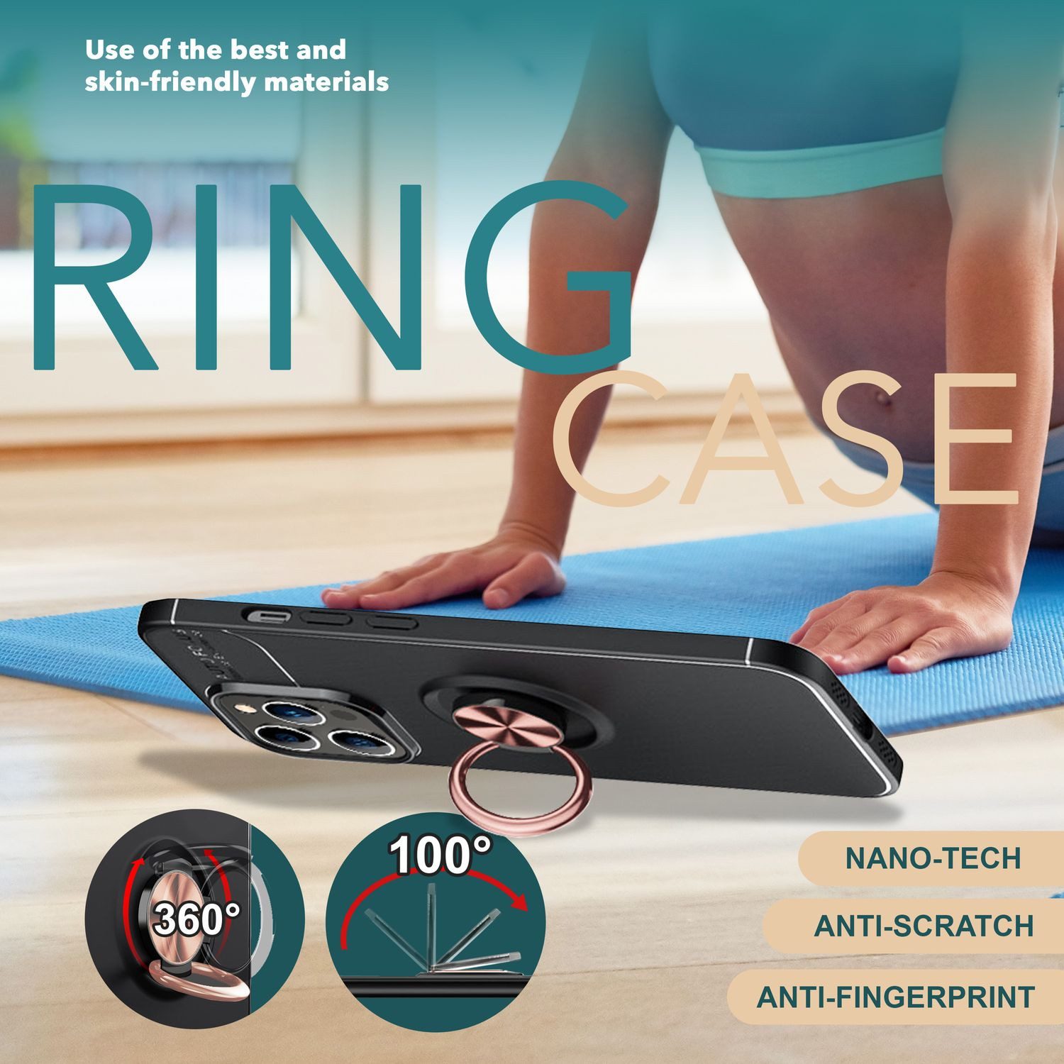 Nalia Smartphone-Hülle Apple iPhone 15 Pro Max 17 cm (6,7 Zoll), Handy-Hülle mit Ring / 360 Grad Fingerhalterung / Standfunktion / Dünn