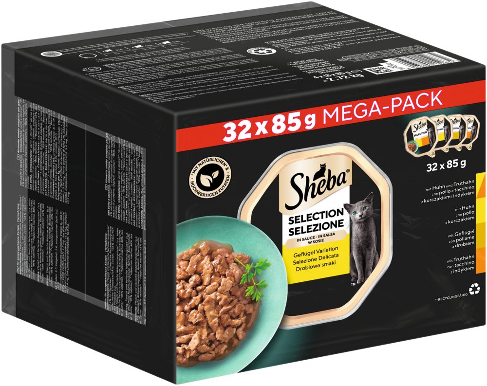 Sheba SHEBA® Schale Multipack Selection in Sauce Geflügel Variation 32 x 85g, Nassfutter für: Katze