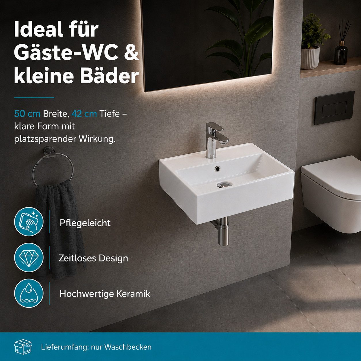 Aqua Bagno Waschbecken Keramik Waschtisch Gäste-WC, Aufsatz-, Möbel- Wandmontage 50 cm (1-St), Wand- oder Aufsatzmontage 50 cm