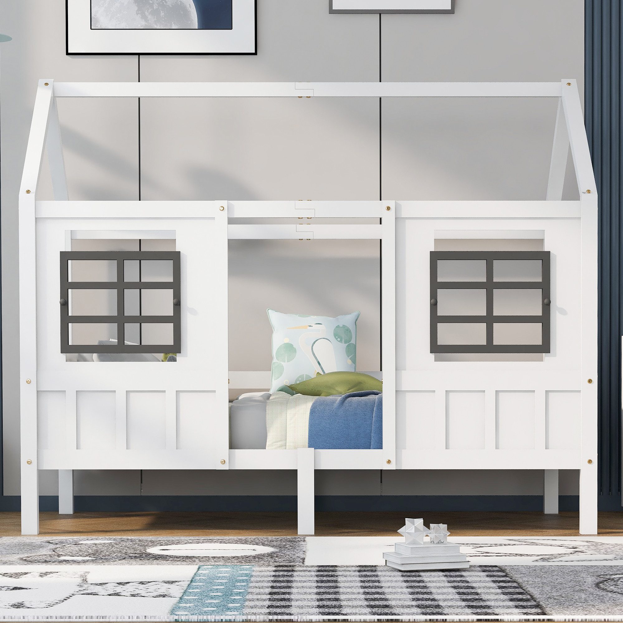 REDOM Bett Hausbett, Einzelbett, Tagesbett, Kinderbett (mit 2 Fenstern, Rahmen aus Kiefer, 90X200 cm), Ohne Matratze