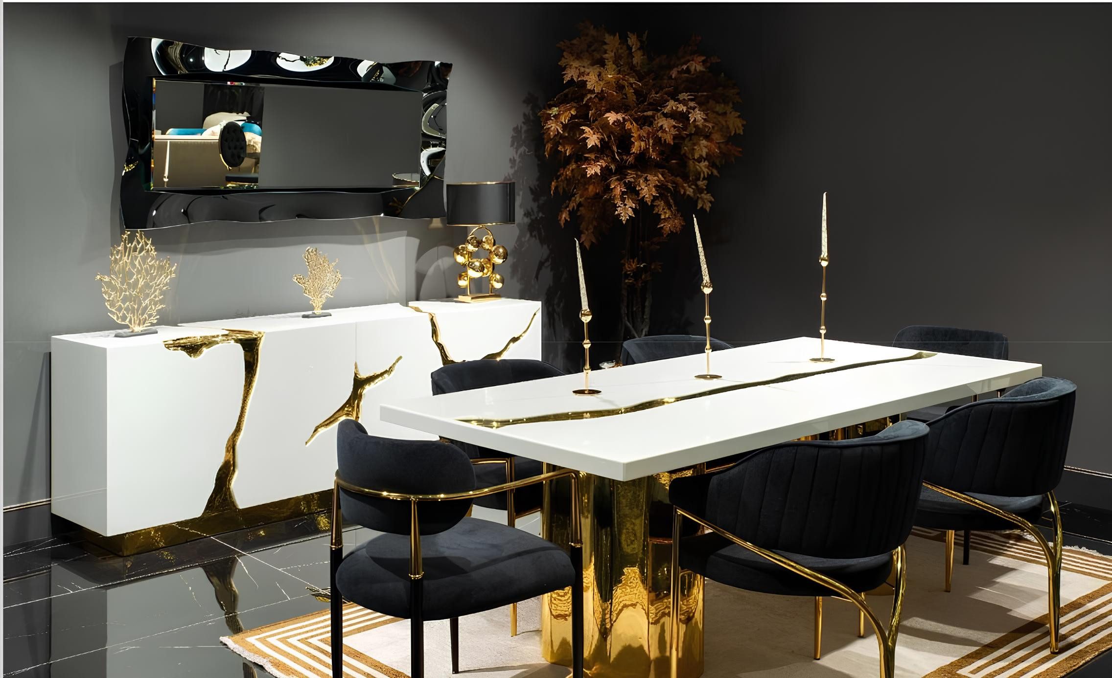 JVmoebel Esszimmer-Set Essgruppe in Weiß aus Holz mit eleganten Stühlen und Sideboard, (9-St., Esstisch / 6x Stühle / Sideboard / Spiegel), Made in Europa