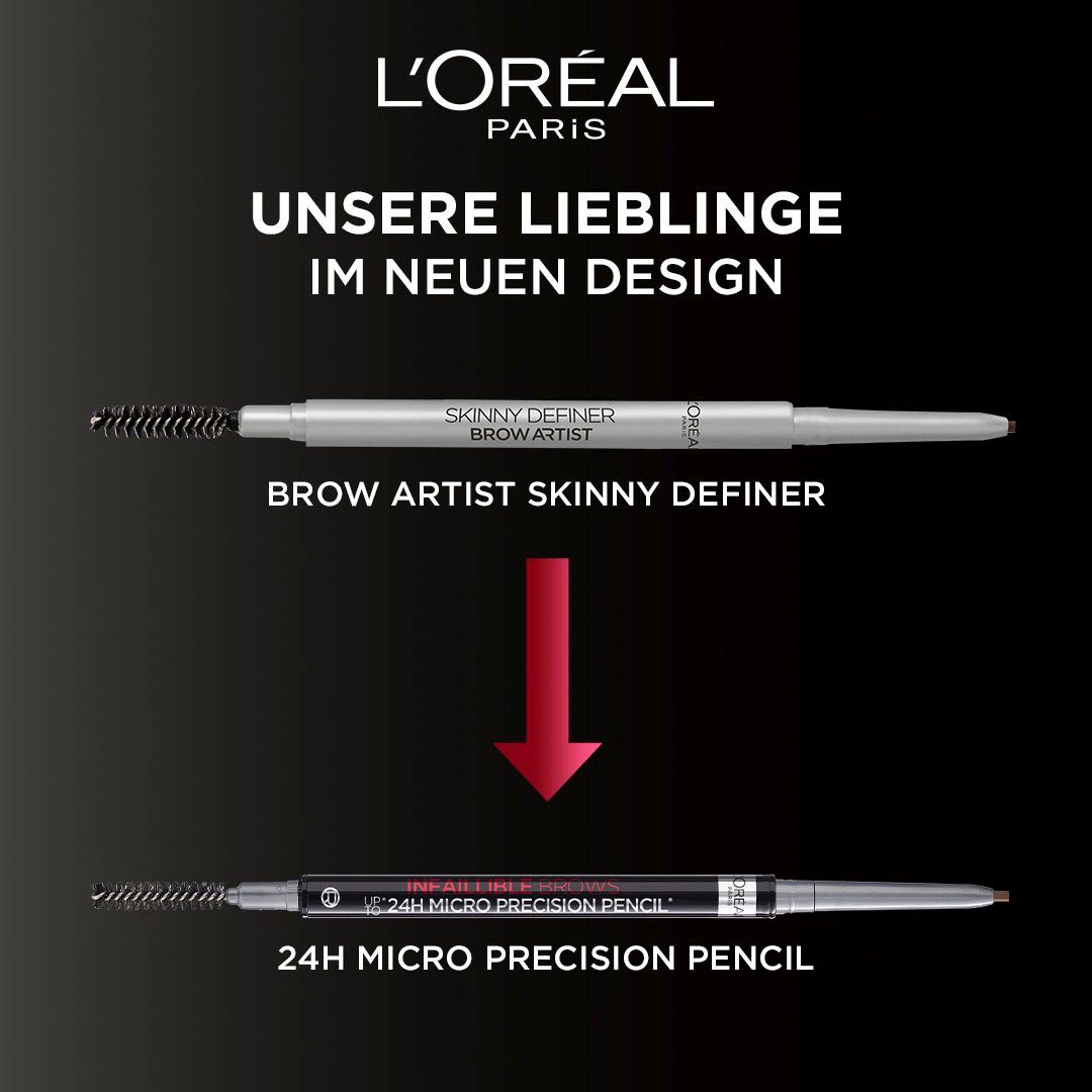 Brunette mit Brow in Artist Skinny Stiftform 108 PARIS Definer, Augen-Make-Up, L'ORÉAL Spiralbürste Augenbrauen-Stift Dark