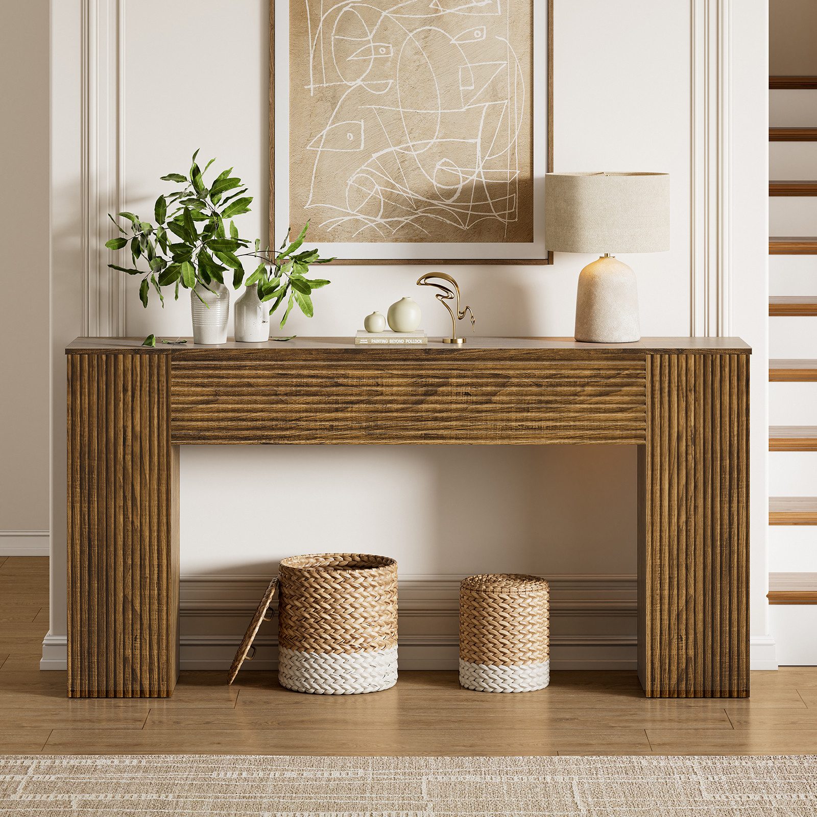 FABATO Beistelltisch 155 cm gewellte Konsole mit 2 versteckten Stauraumfächern (1-St), Einstiegs- & Flurtisch für Wohnzimmer, Diele oder Foyer – Bild 3 von 5