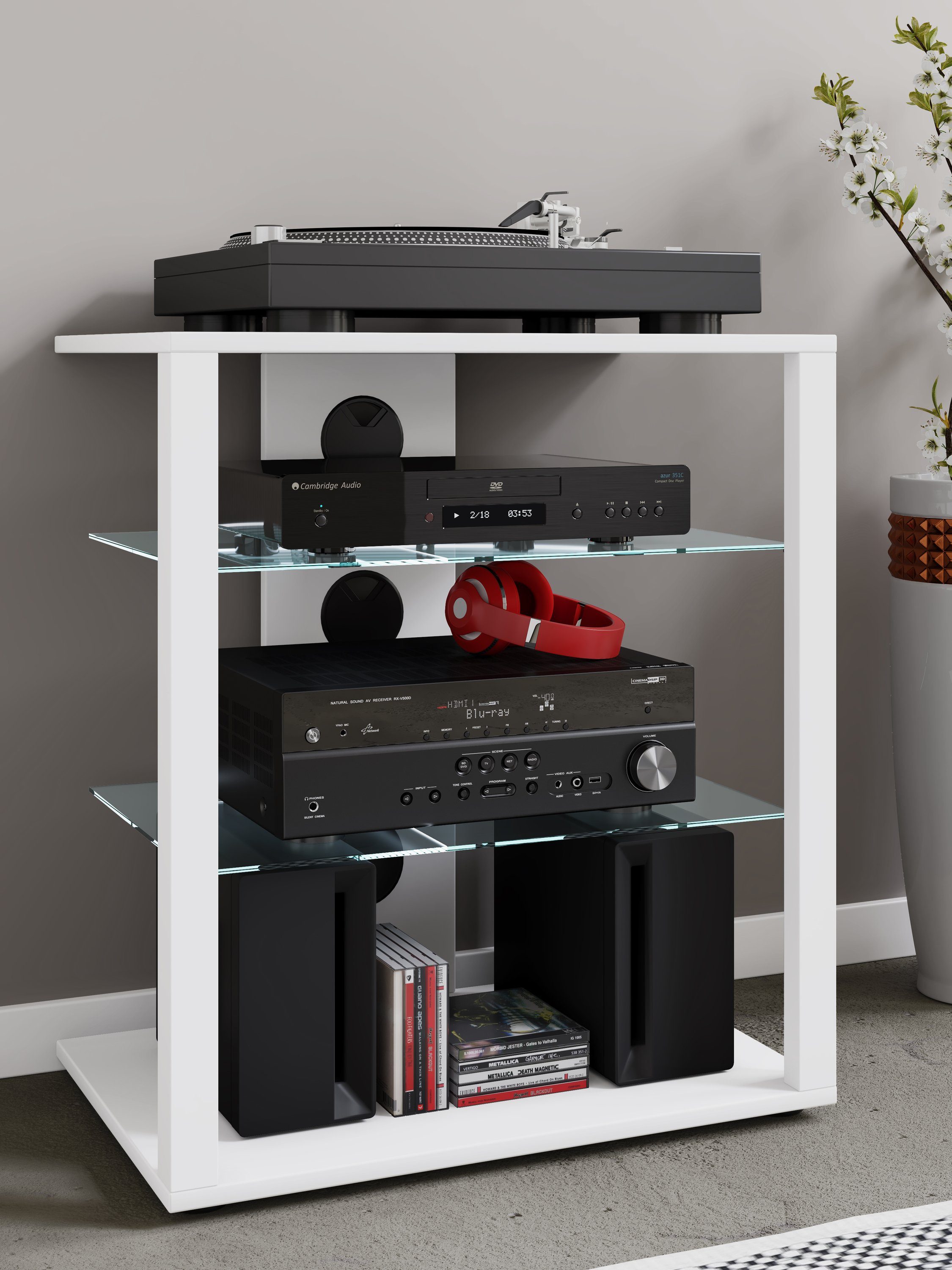 VCM Audio-Board Hifi Möbel Folas H. 70 x B. 60 x T. 41 cm, Rack Schrank Phono Regal, 2 Glasböden, Mediaboard