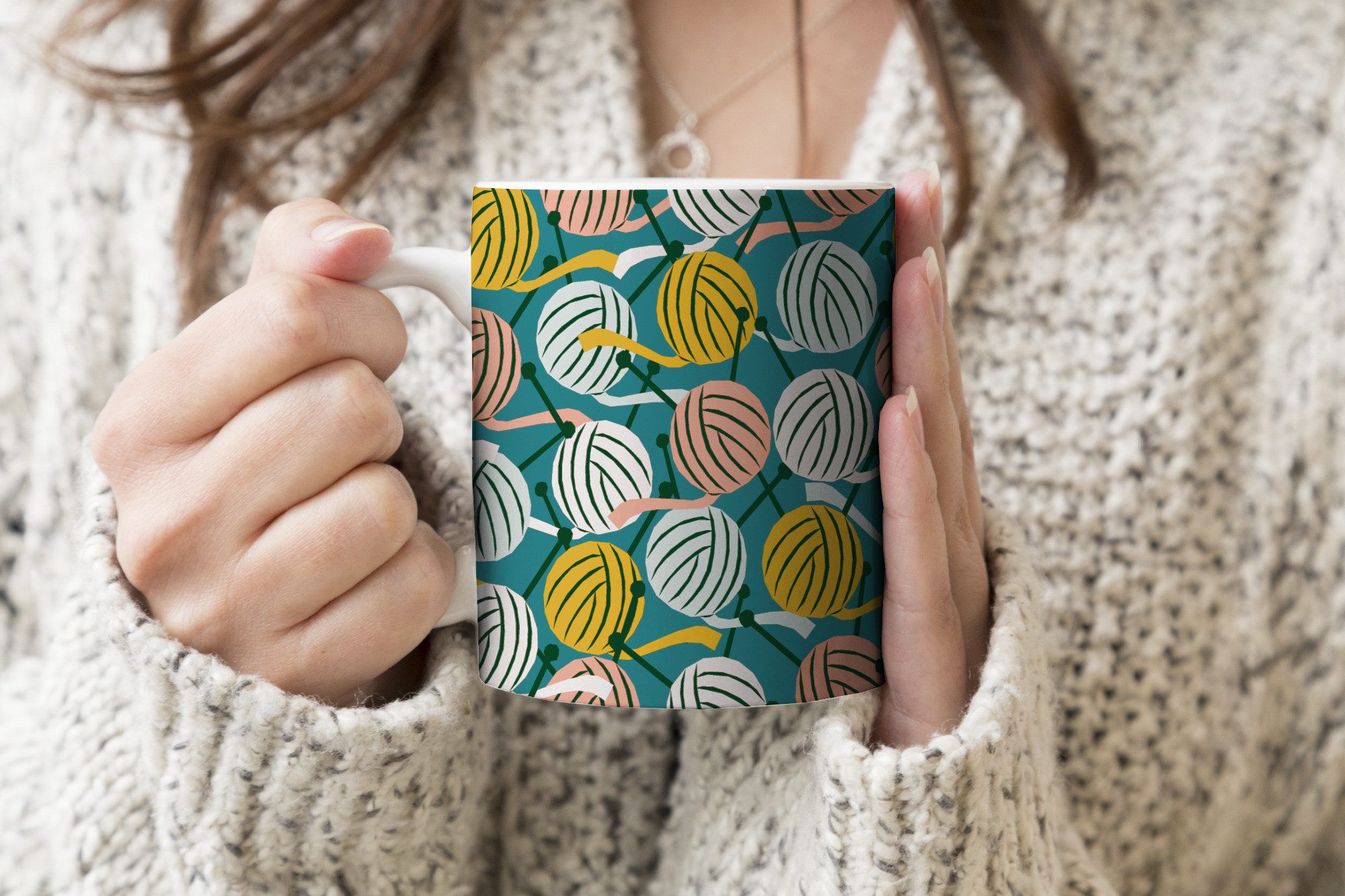 MuchoWow Tasse Stricken - Wolle - Muster, 1-tlg., Keramik, Kaffeetassen, Teetasse, Becher, Kaffeebecher, Geschenk