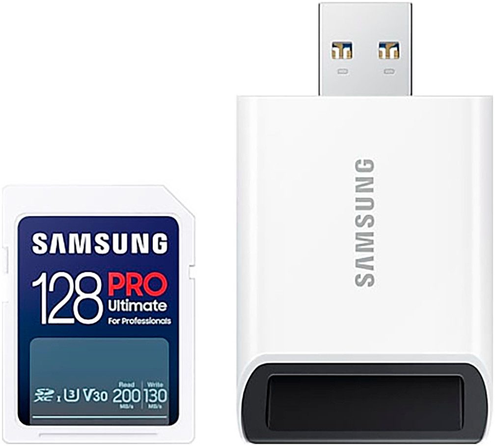 Samsung SD PRO Ultimate + USB Adapter Speicherkarte (128 GB, Video Speed Class 30 (V30)/UHS Speed Class 3 (U3), 200 MB/s Lesegeschwindigkeit)