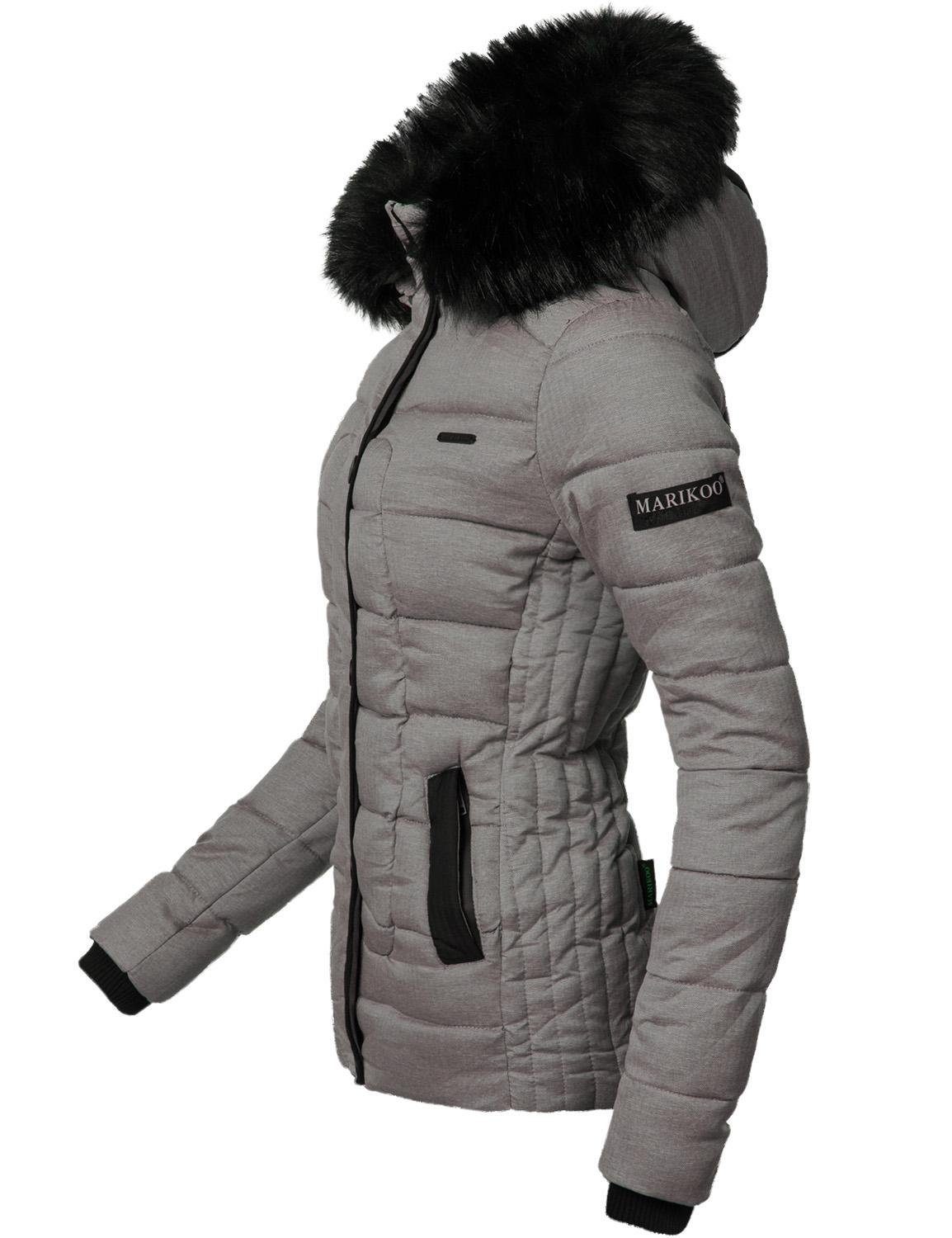 Marikoo Steppjacke Unique modische Winterjacke Kunstpelz-Kapuze grau mit