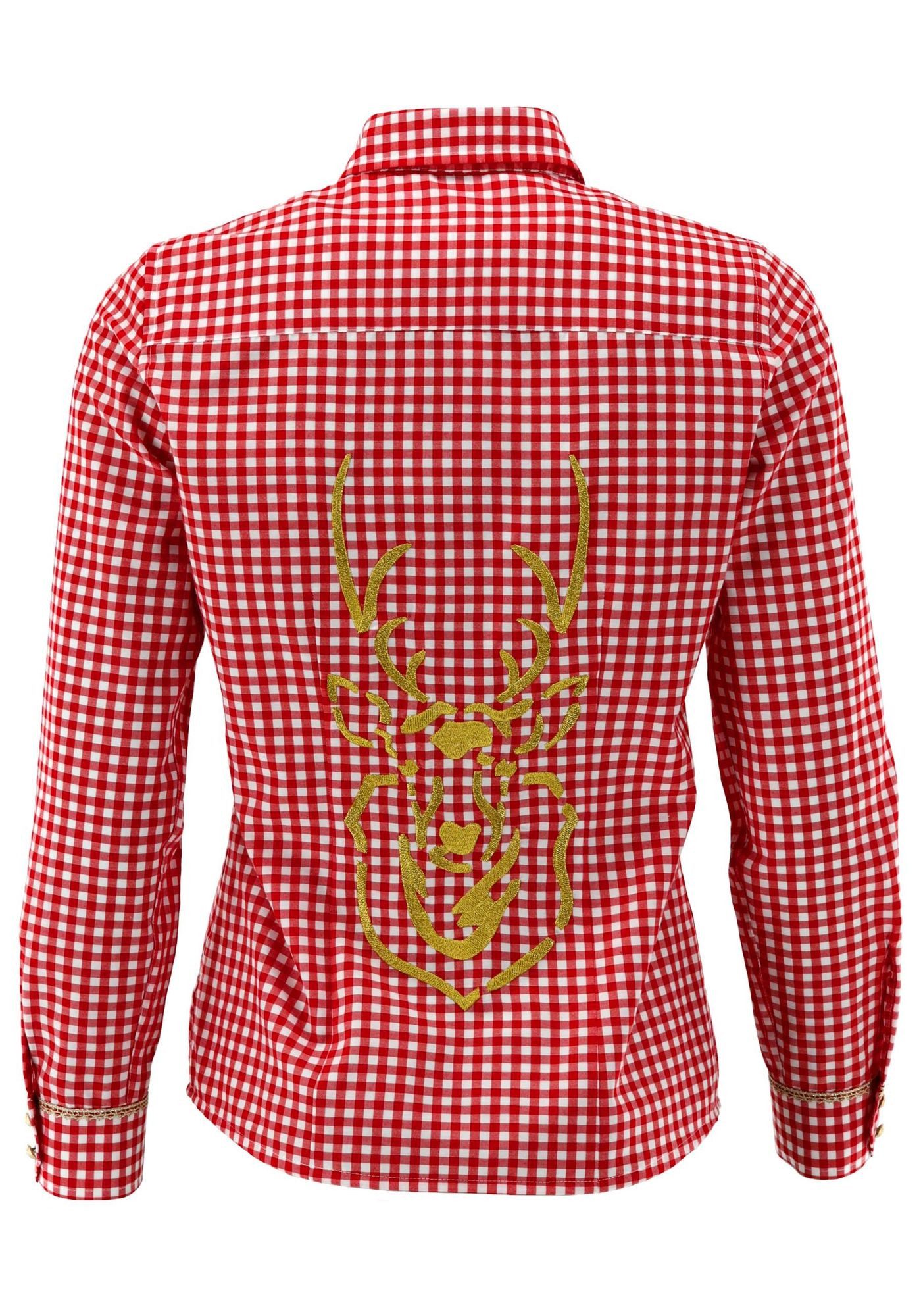 OS Trachten Trachtenbluse Brulup Tailliert, Haifischkragen, goldfarbene Knöpfe, goldener Hirschdruck