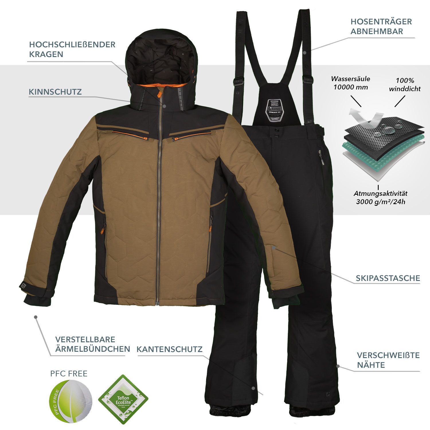 Killtec Skianzug Herren Winterjacke olive + Skihose schwarz, wind- und wass günstig online kaufen
