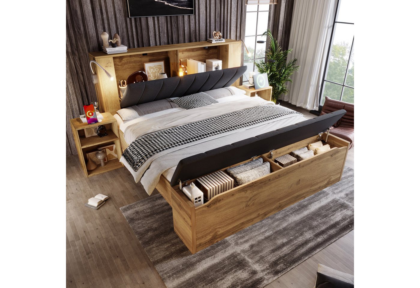 Flieks Holzbett, Doppelbett 180x200cm Stauraumkopfteil Leselicht USB Nachttisch Hocker