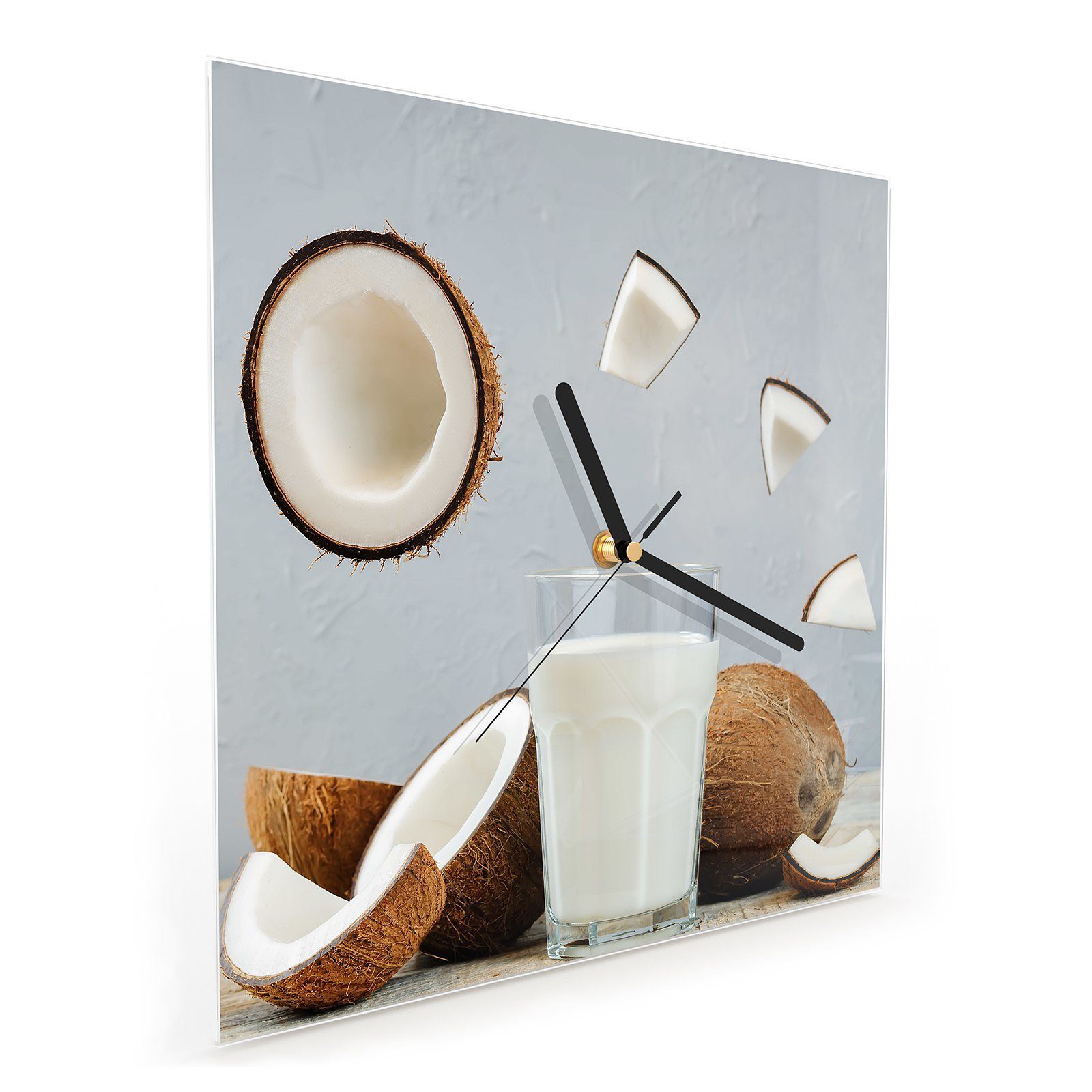 Primedeco Wanduhr Glasuhr Wanduhr Motiv cm Größe Milch mit Kokosnuss x Wandkunst 30 30