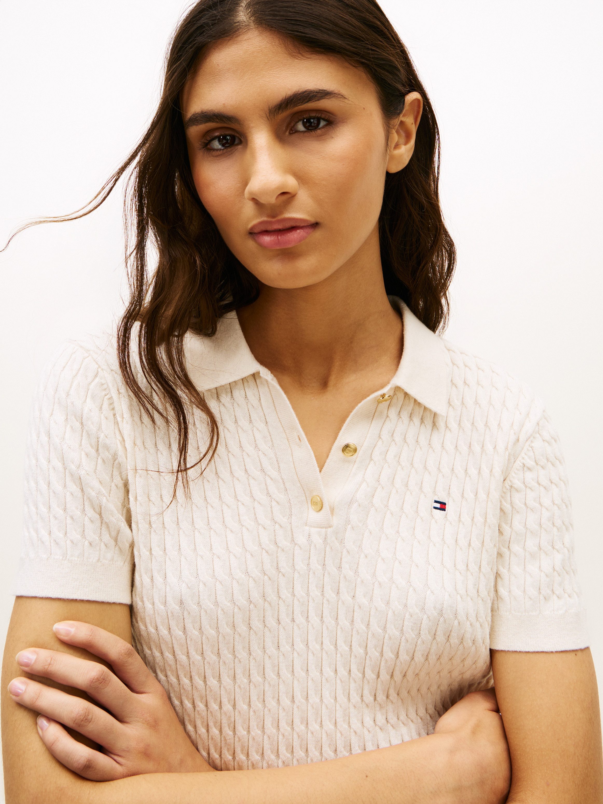 Tommy Hilfiger Poloshirt CO CABLE POLO-NK SS SWEATER mit Zopfmuster, Regular Fit